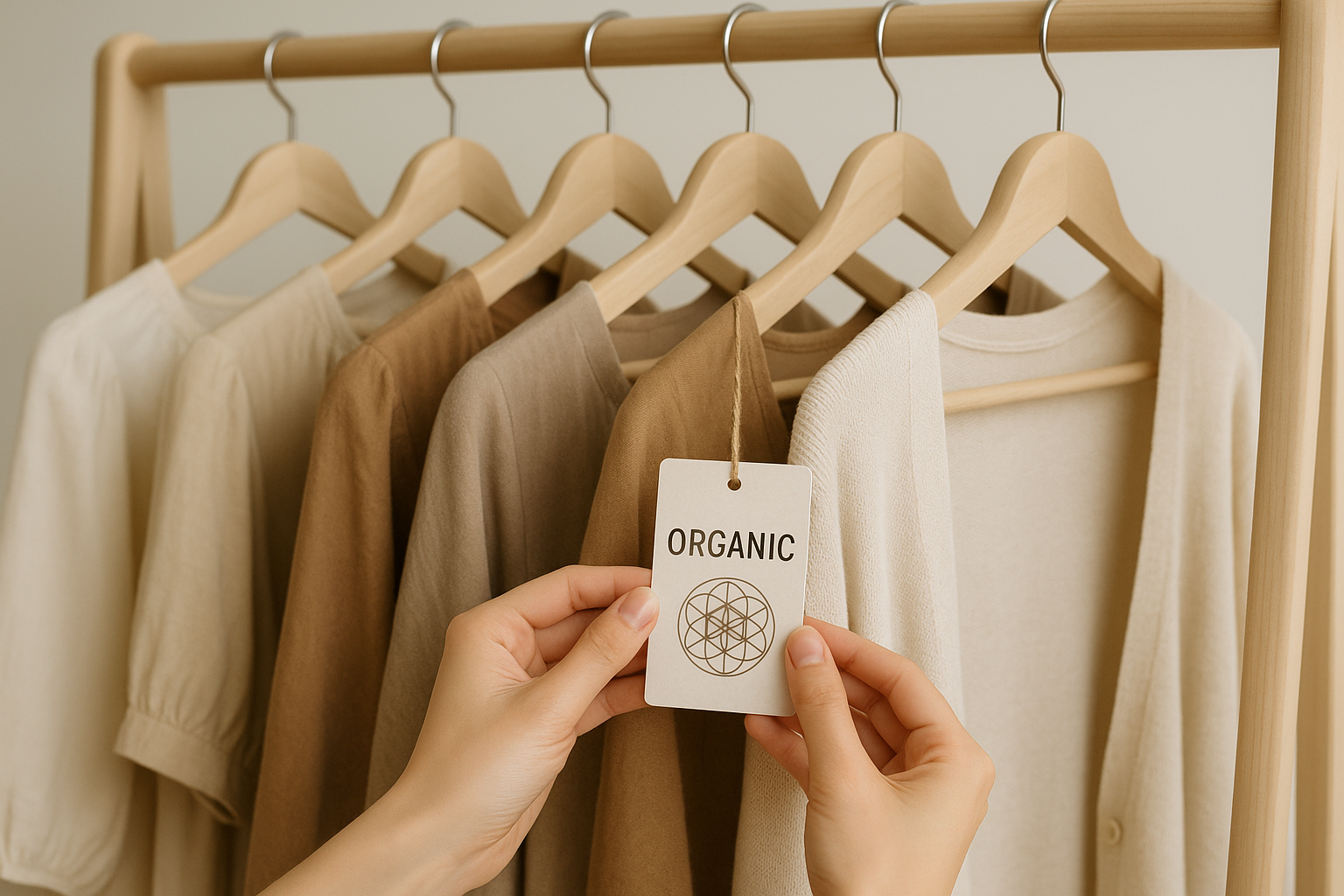 Clothes on rack with woman holding organic tag with flower of life symbol
