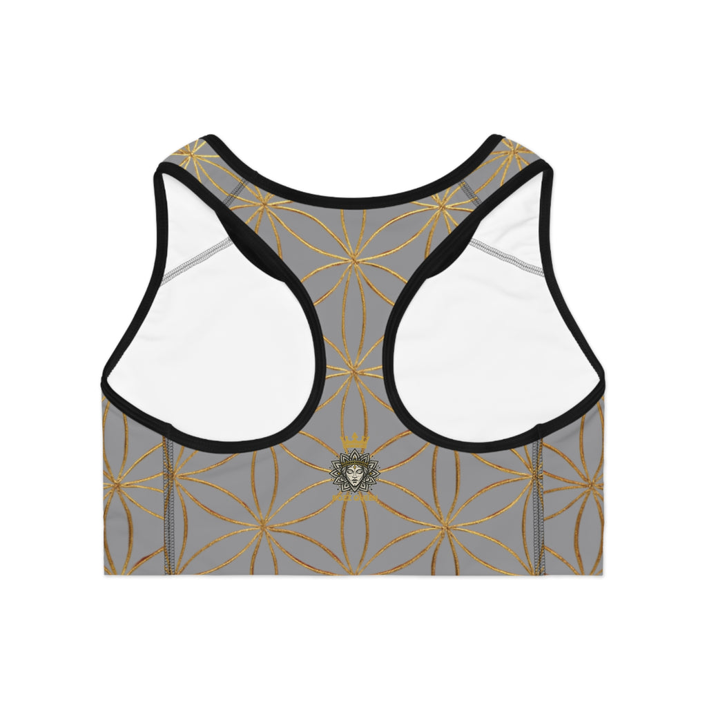 Bozz Queen Grey & Gold Flower of Life Sports Bra - Yoga Workout Top