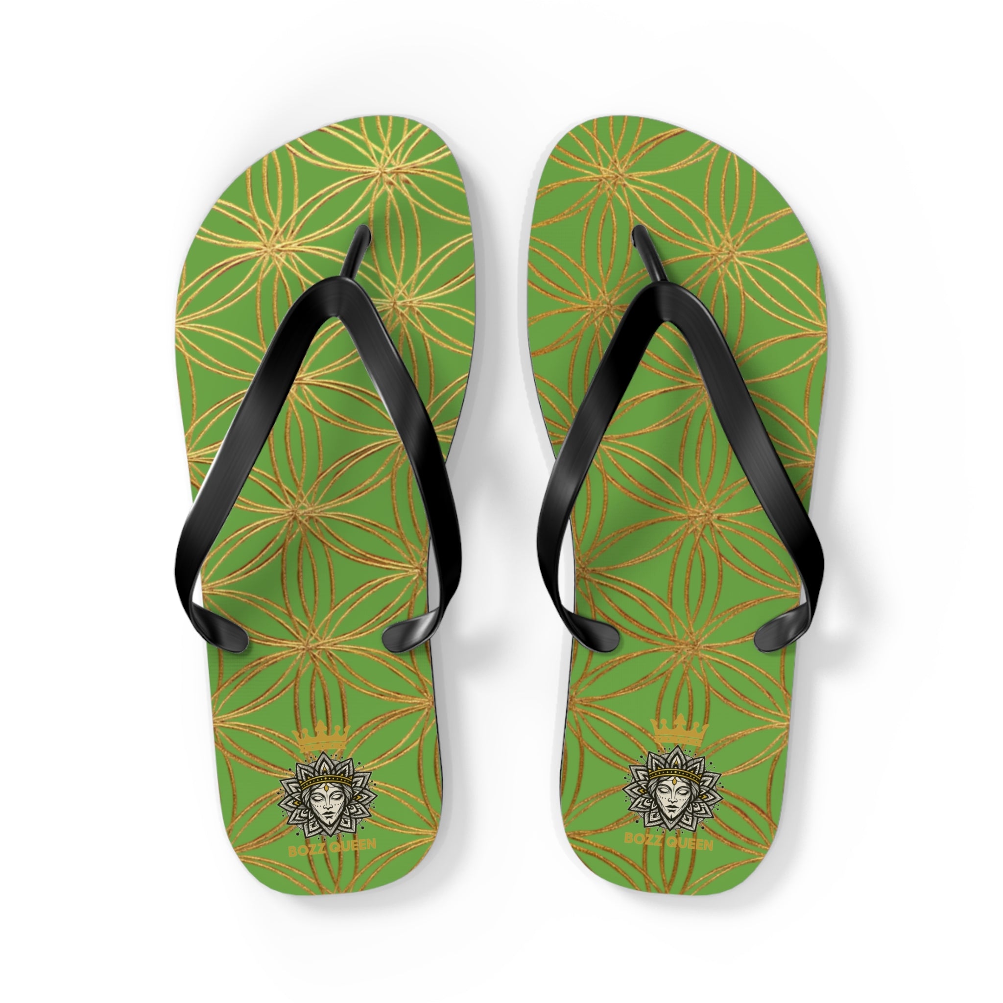 Bozz Queen Green & Gold Flower of Life Flip Flops - Elegant Beach Sandals
