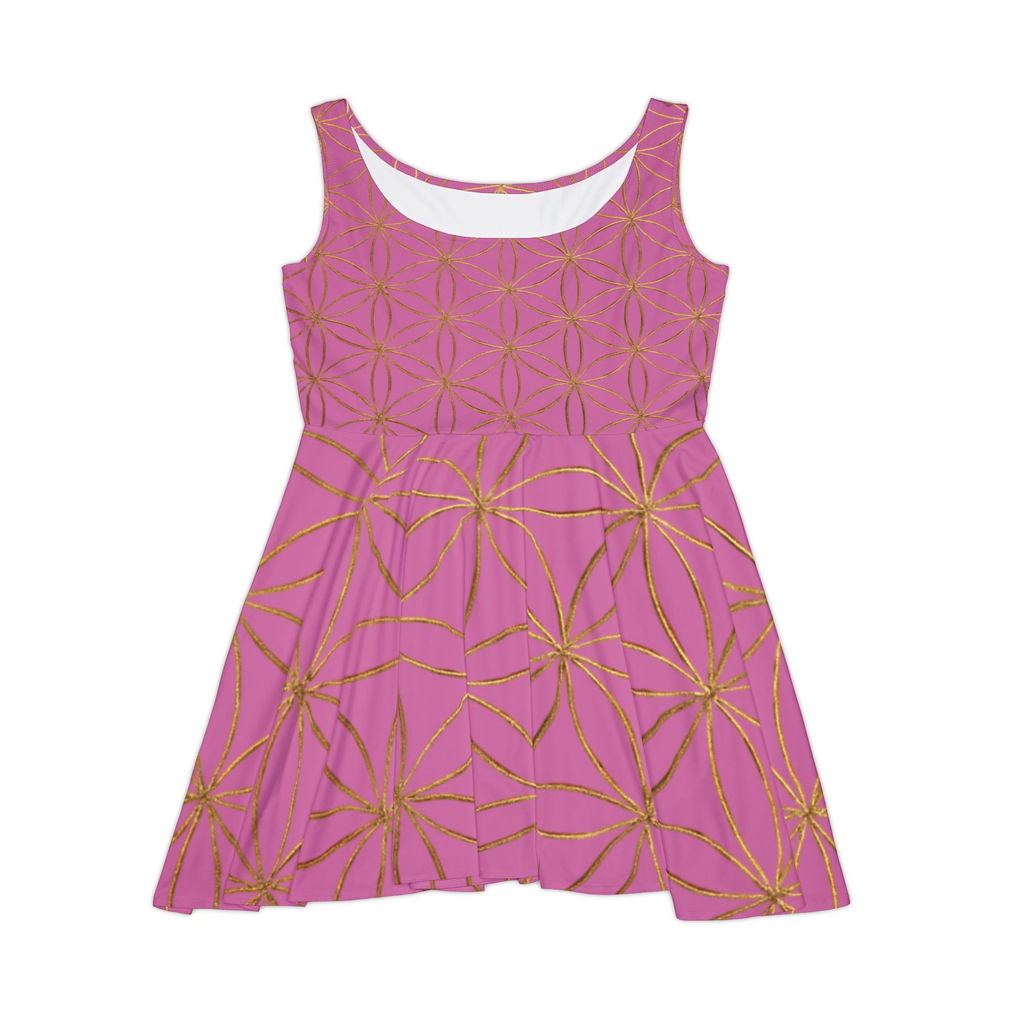 Light Pink Flower of Life Skater Dress - Women's Floral Gold Print Summer Dress