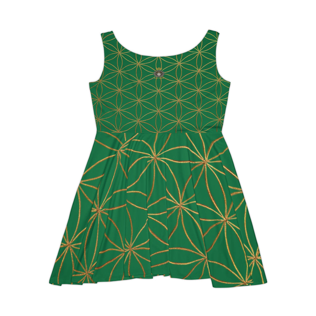Dark Green Flower of Life Skater Dress - Women's Floral Gold Print Summer Dress
