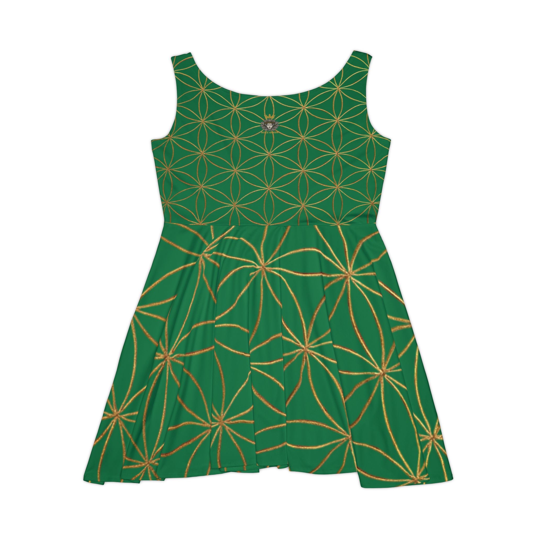 Dark Green Flower of Life Skater Dress - Women's Floral Gold Print Summer Dress