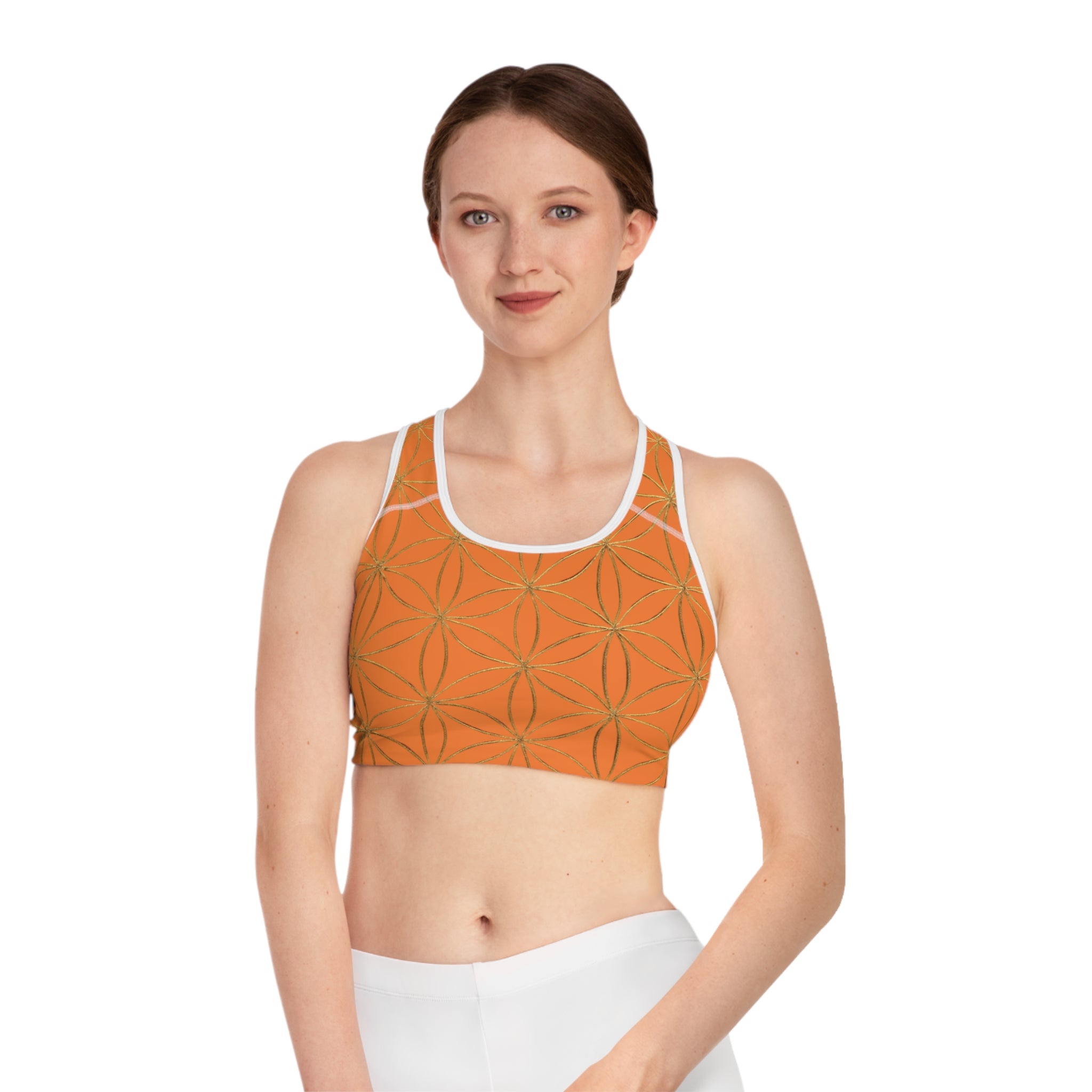 Bozz Queen Light Orange & Gold Flower of Life Sports Bra - Yoga Workout Top
