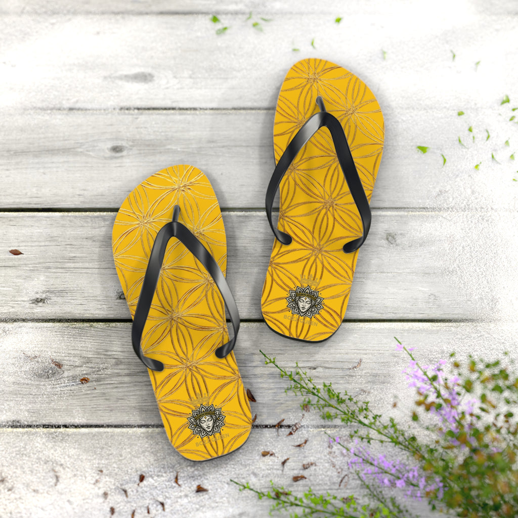 Bozz Queen Yellow & Gold Flower of Life Flip Flops - Elegant Beach Sandals