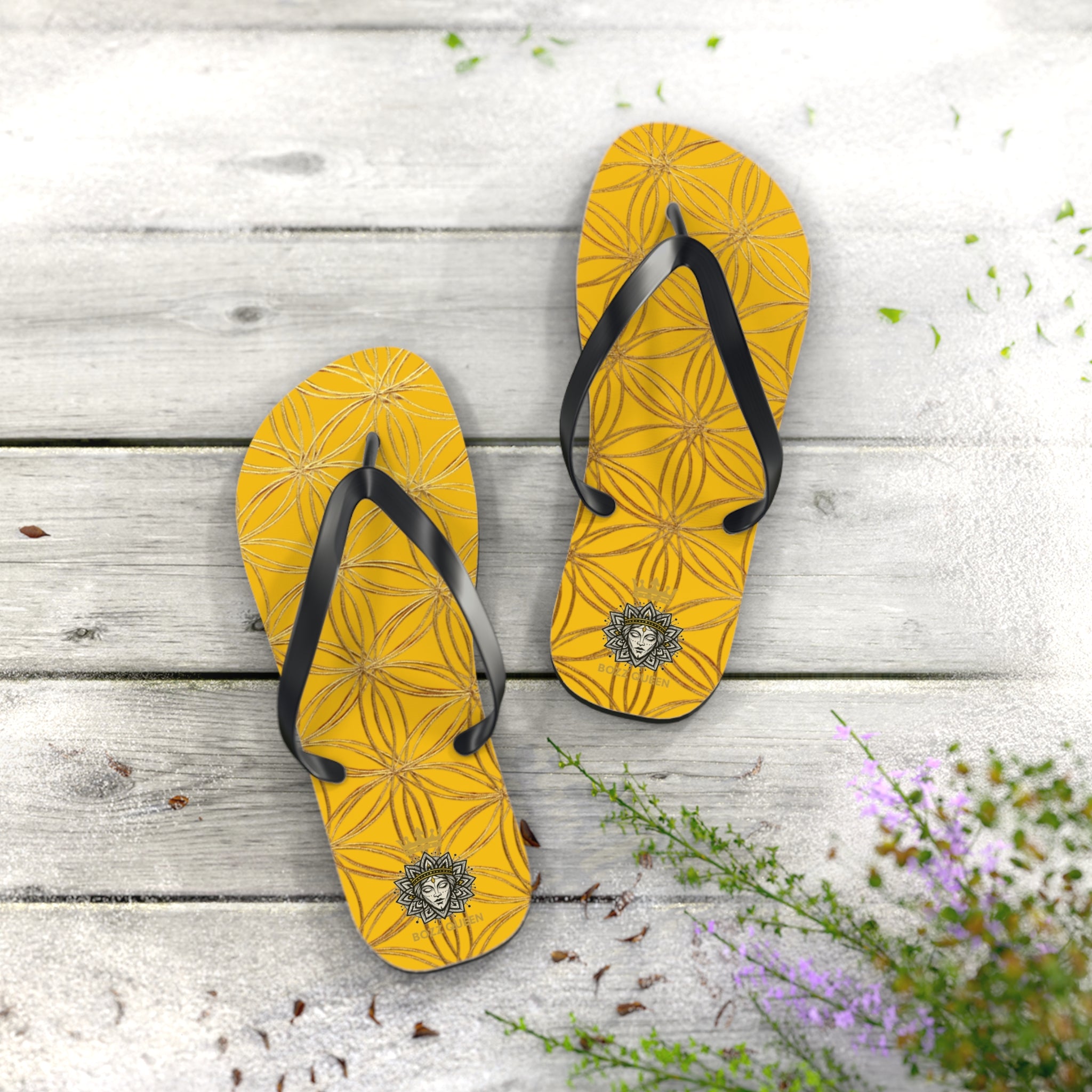 Bozz Queen Yellow & Gold Flower of Life Flip Flops - Elegant Beach Sandals
