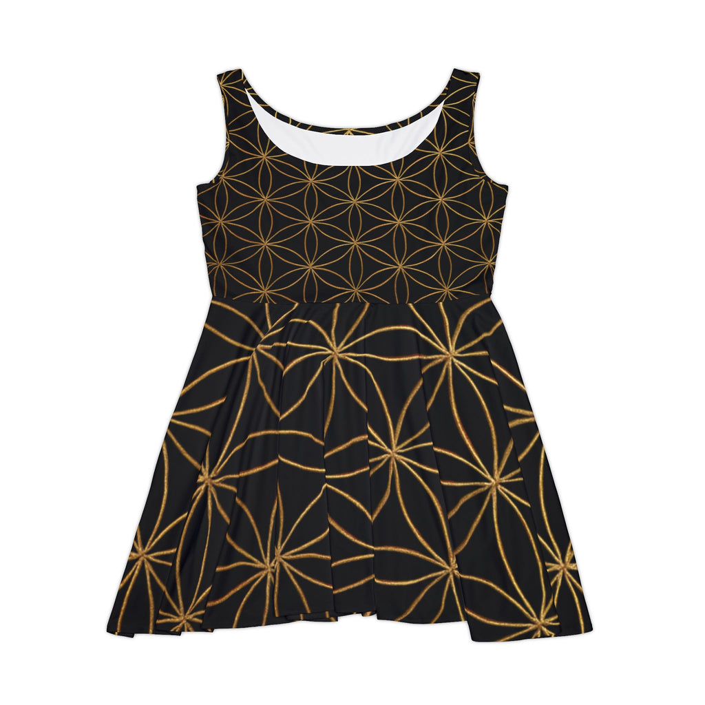 Black Flower of Life Skater Dress - Women's Floral Gold Print Summer Dress