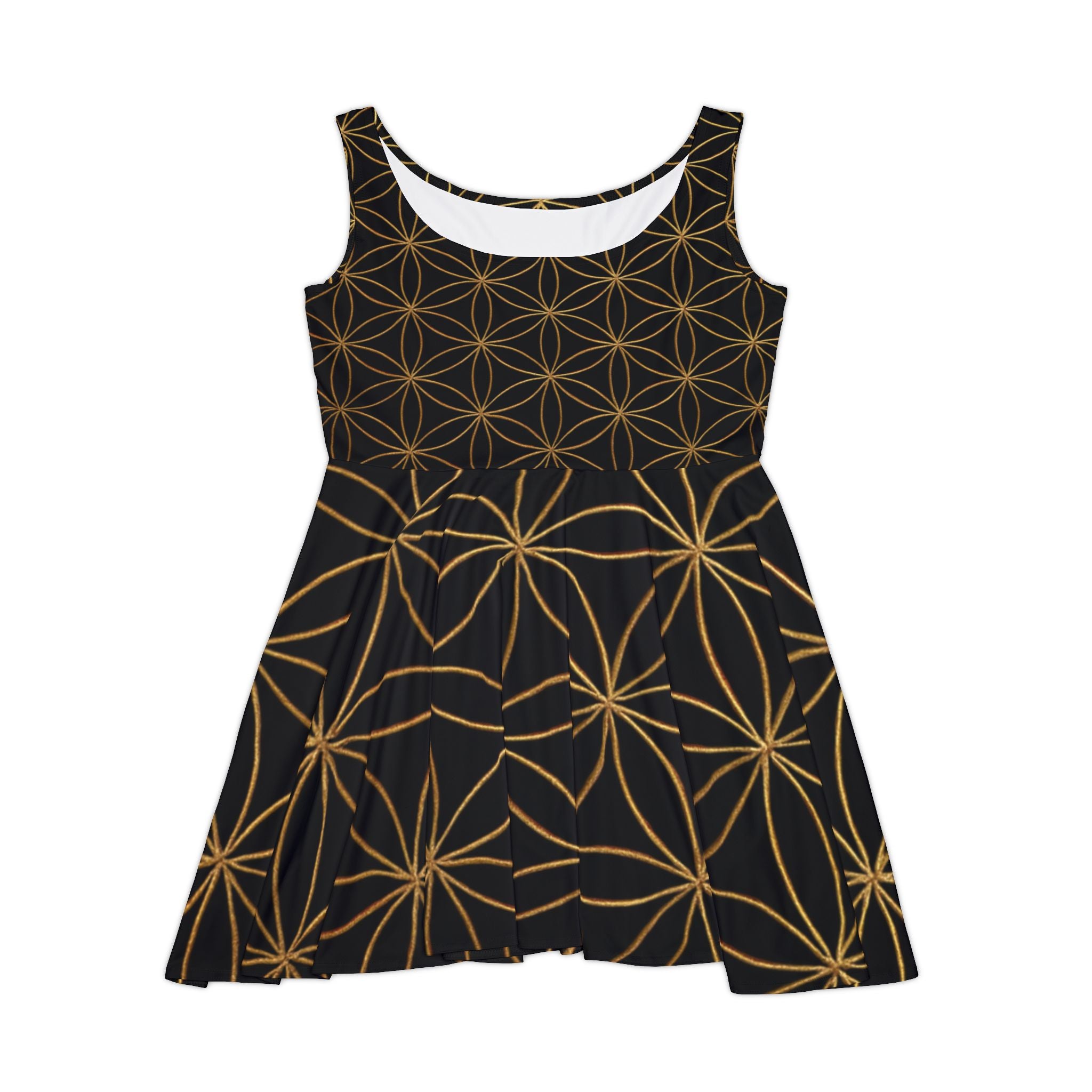Black Flower of Life Skater Dress - Women's Floral Gold Print Summer Dress