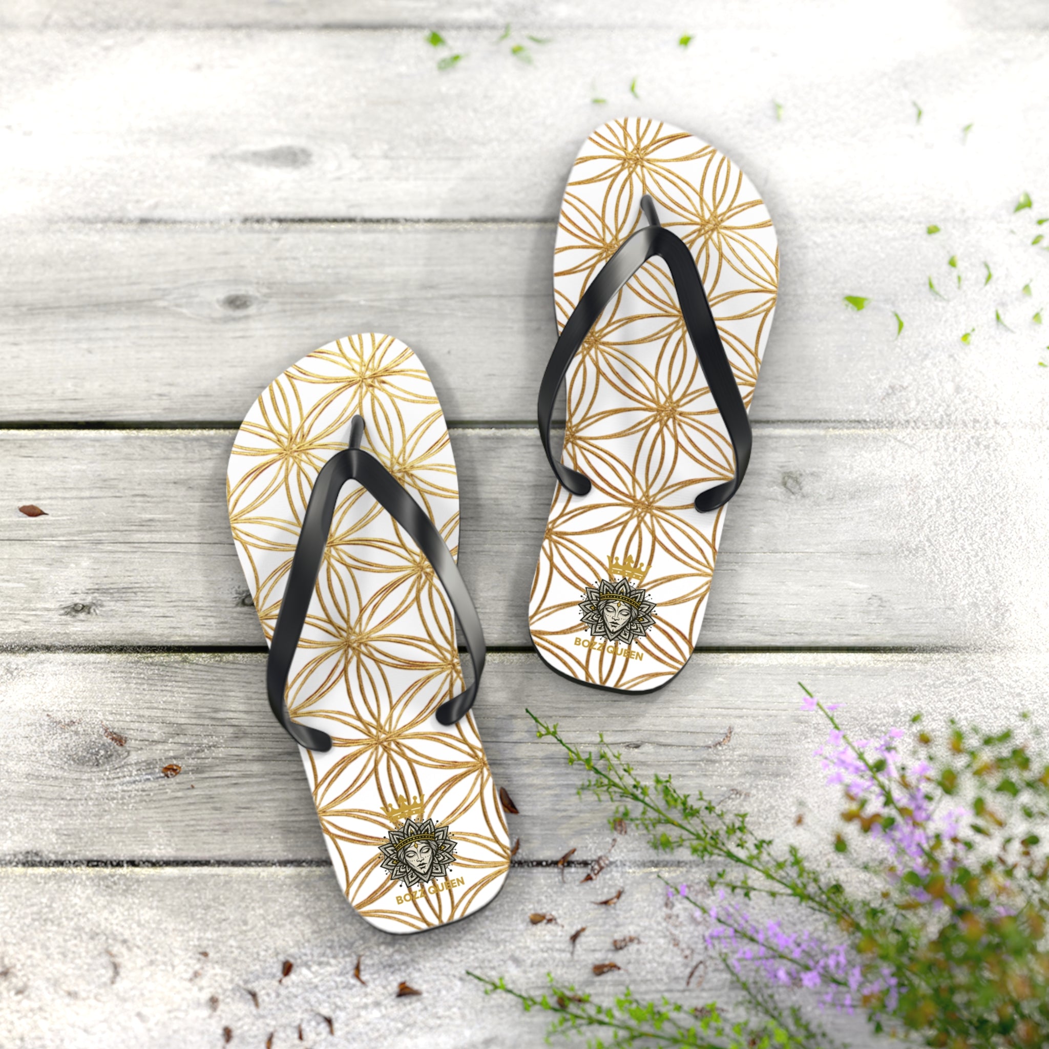 Bozz Queen White & Gold Flower of Life Flip Flops - Elegant Beach Sandals