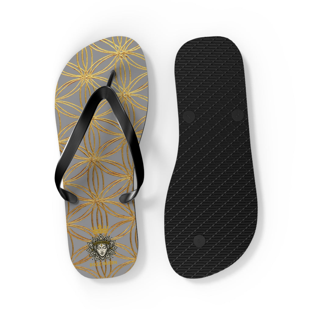 Bozz Queen Grey & Gold Flower of Life Flip Flops - Elegant Beach Sandals