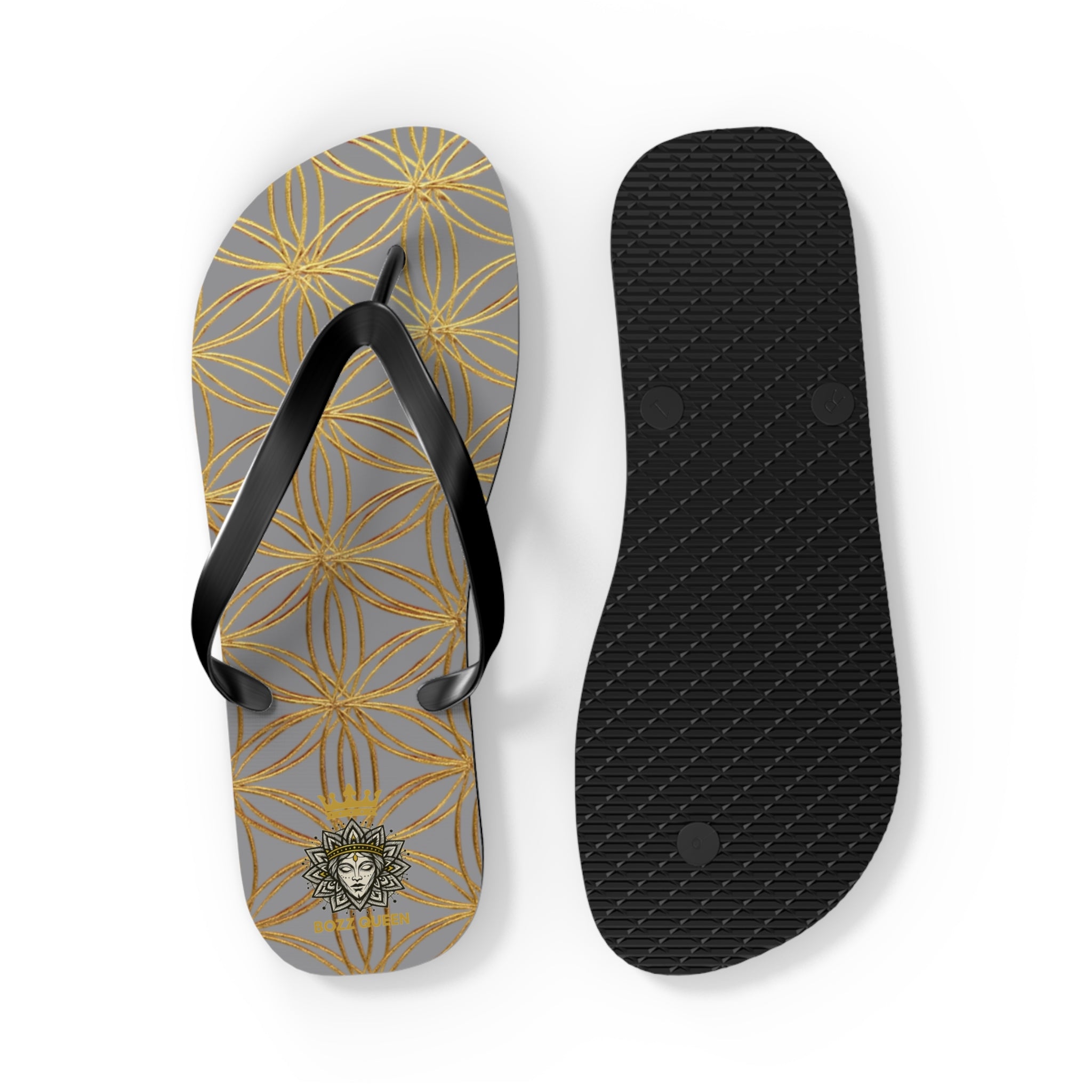 Bozz Queen Grey & Gold Flower of Life Flip Flops - Elegant Beach Sandals