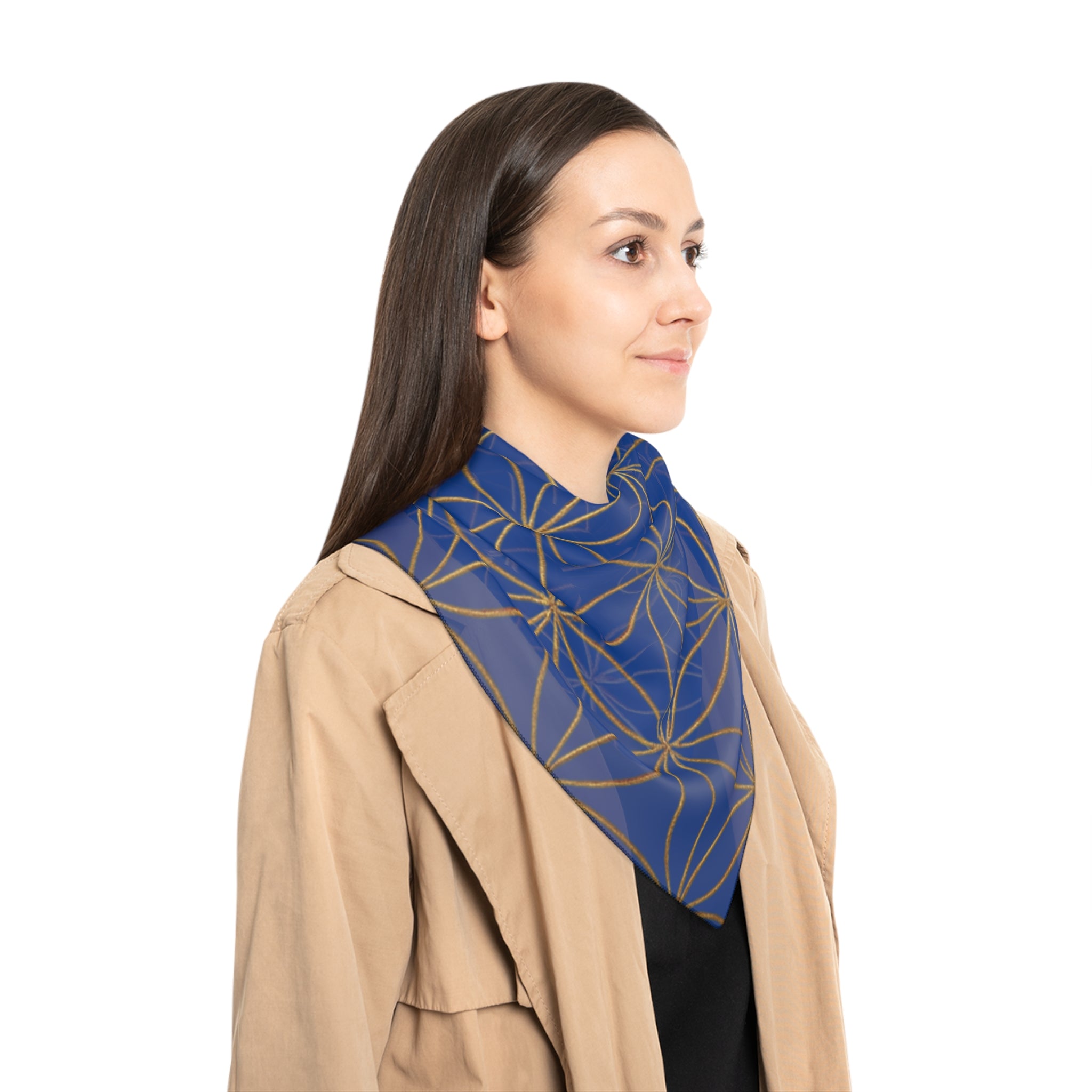 Bozz Queen Flower of Life Scarf - Dark Blue & Gold Elegant Lightweight Poly Scarf