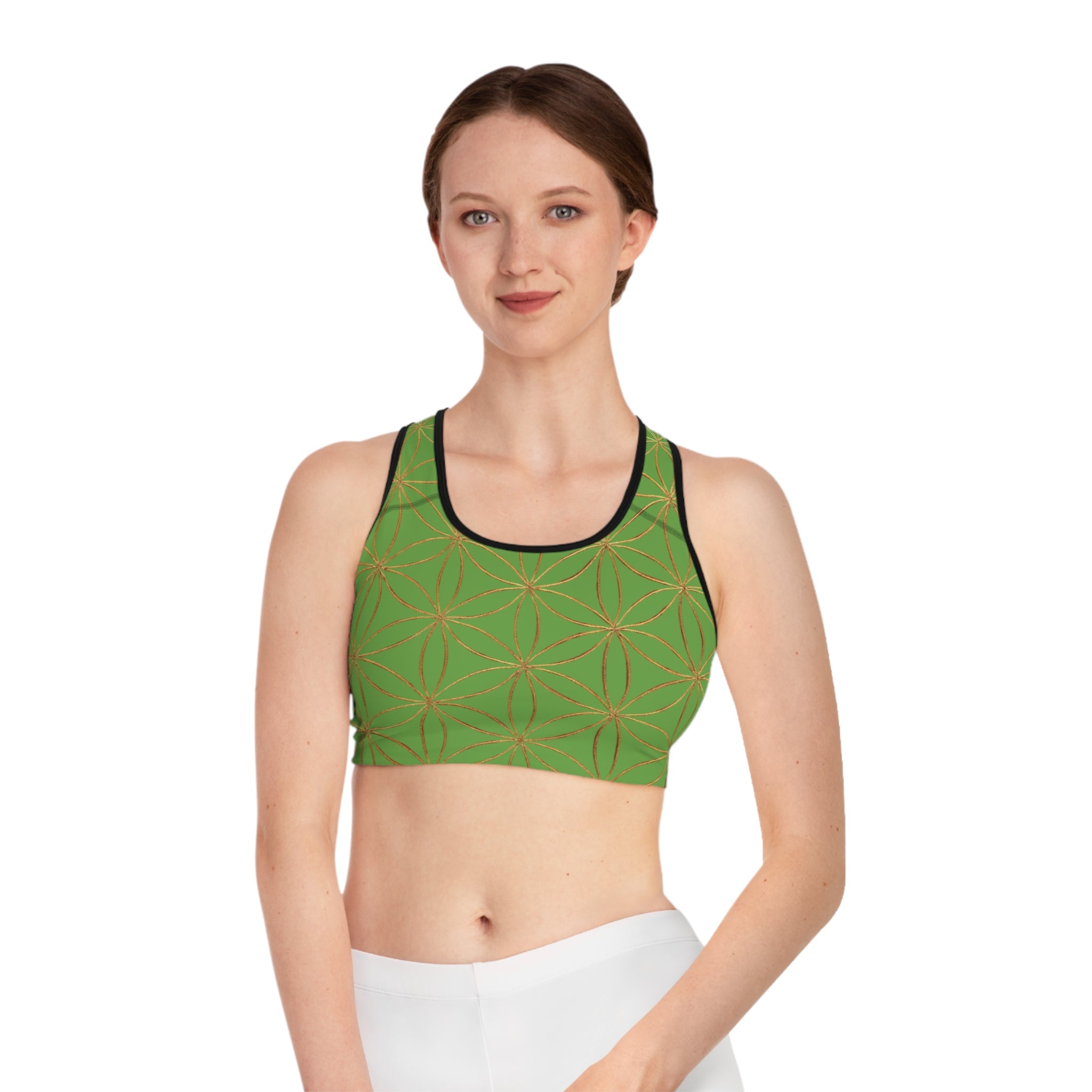 Bozz Queen Green & Gold Flower of Life Sports Bra - Yoga Workout Top