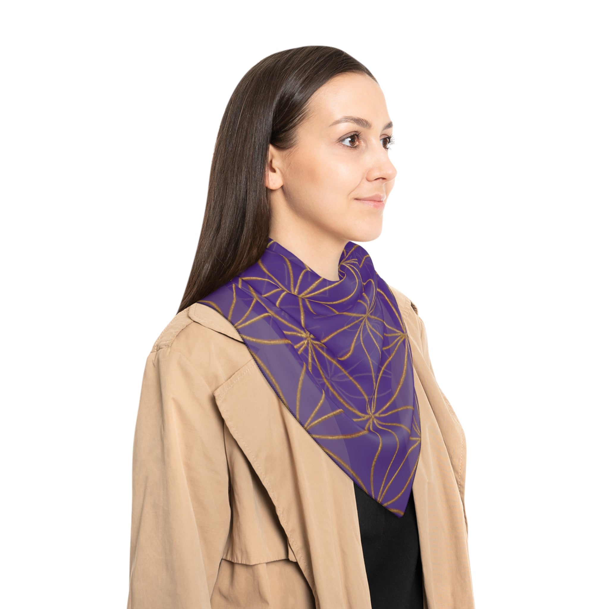 Bozz Queen Flower of Life Scarf - Purple & Gold Elegant Lightweight Poly Scarf