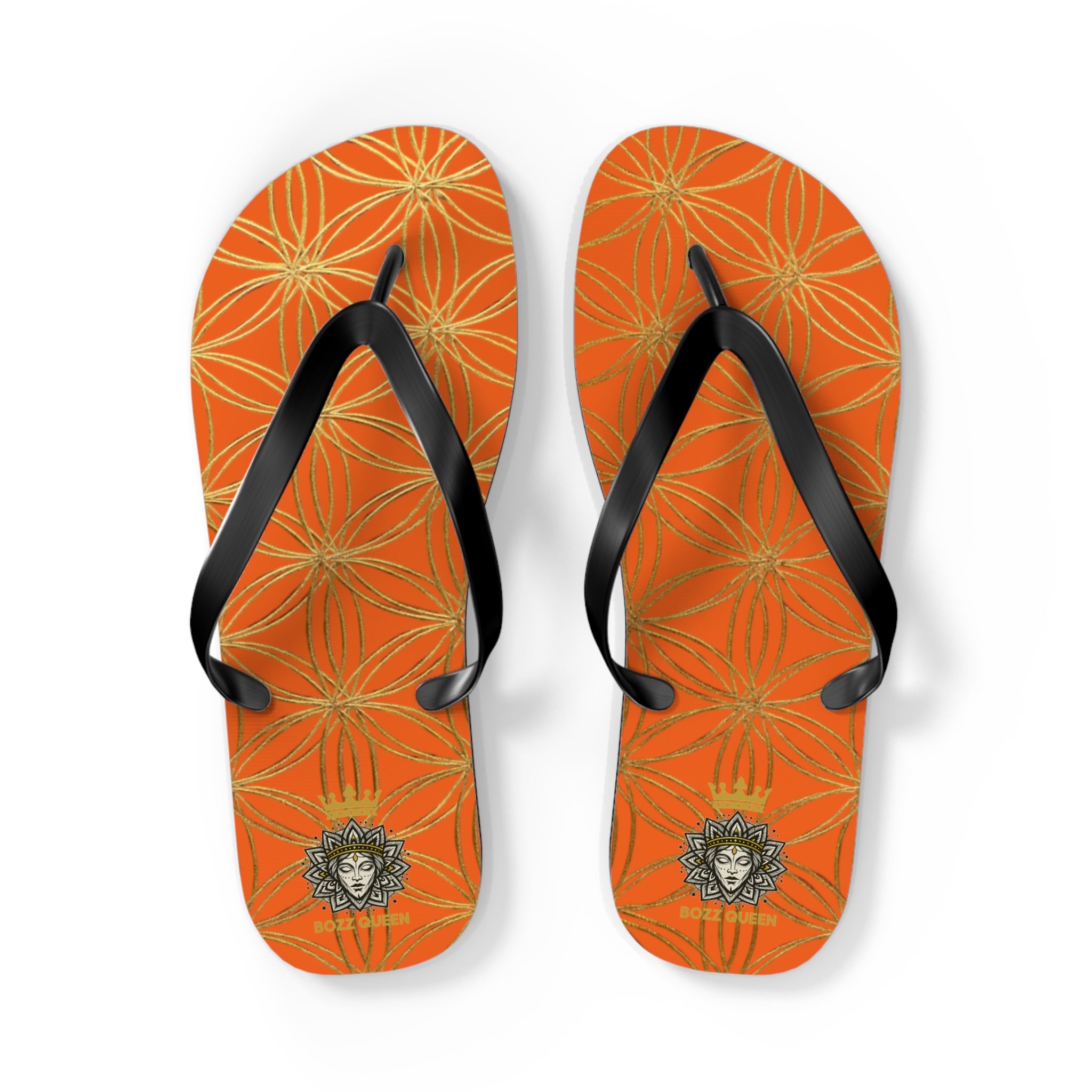 Bozz Queen Orange & Gold Flower of Life Flip Flops - Elegant Beach Sandals