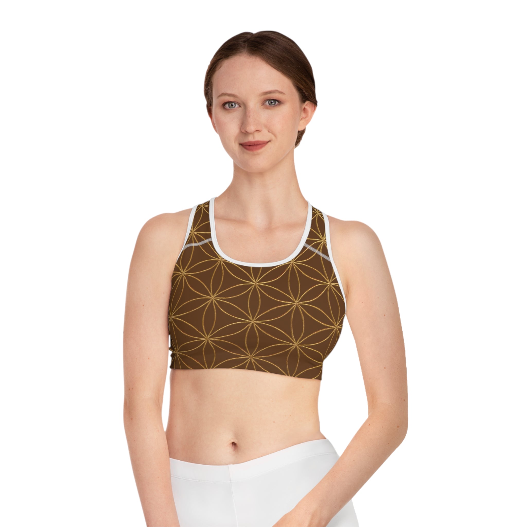 Bozz Queen Brown & Gold Flower of Life Sports Bra - Yoga Workout Top