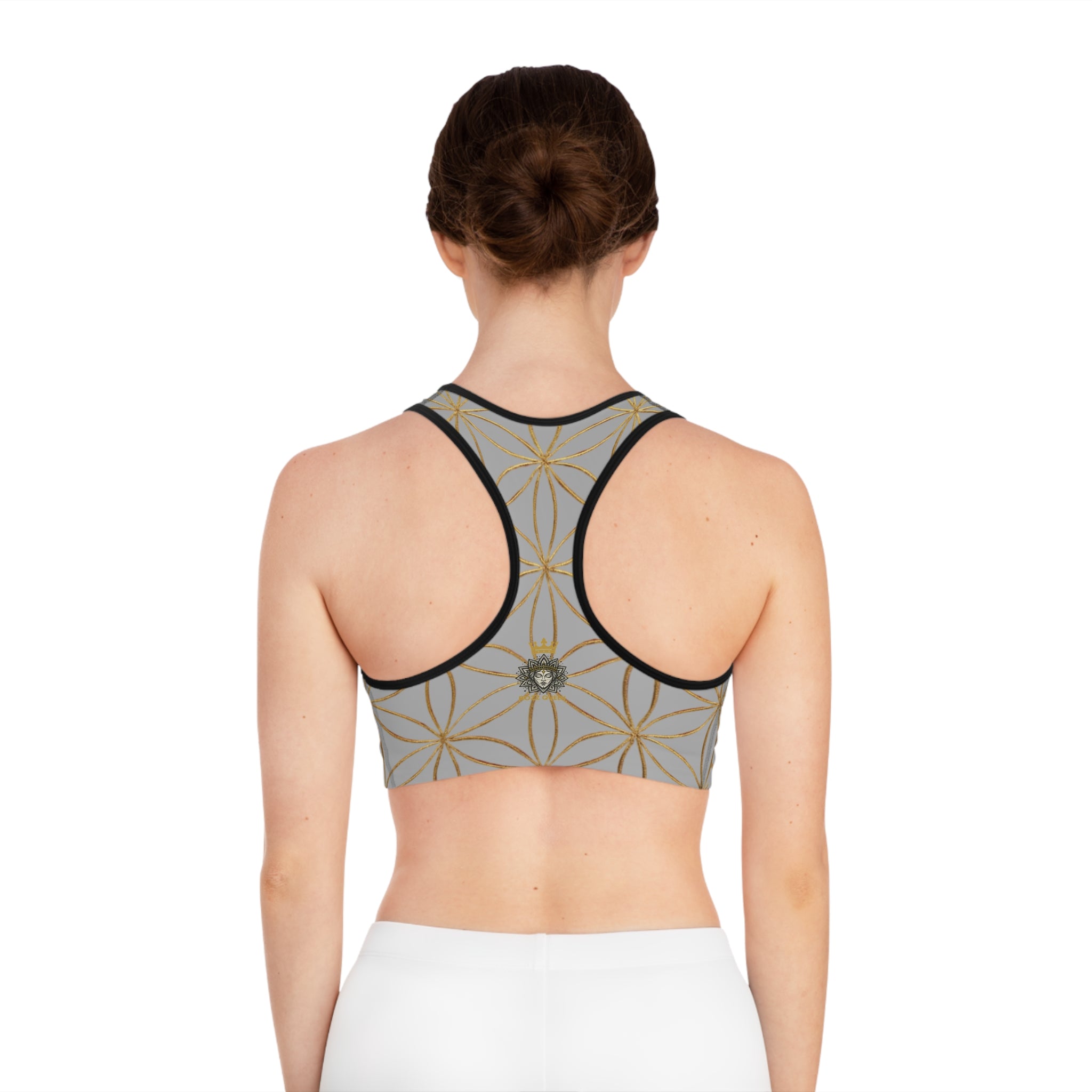 Bozz Queen Light Grey & Gold Flower of Life Sports Bra - Yoga Workout Top