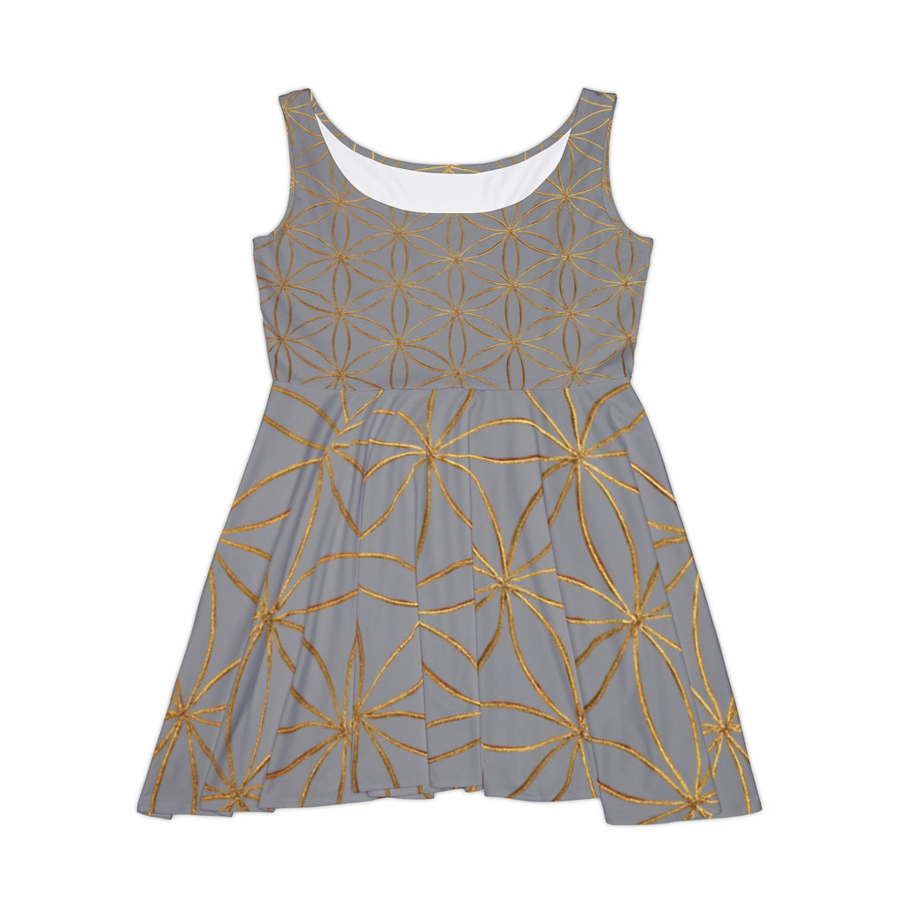 Grey Flower of Life Skater Dress - Women's Floral Gold Print Summer Dress