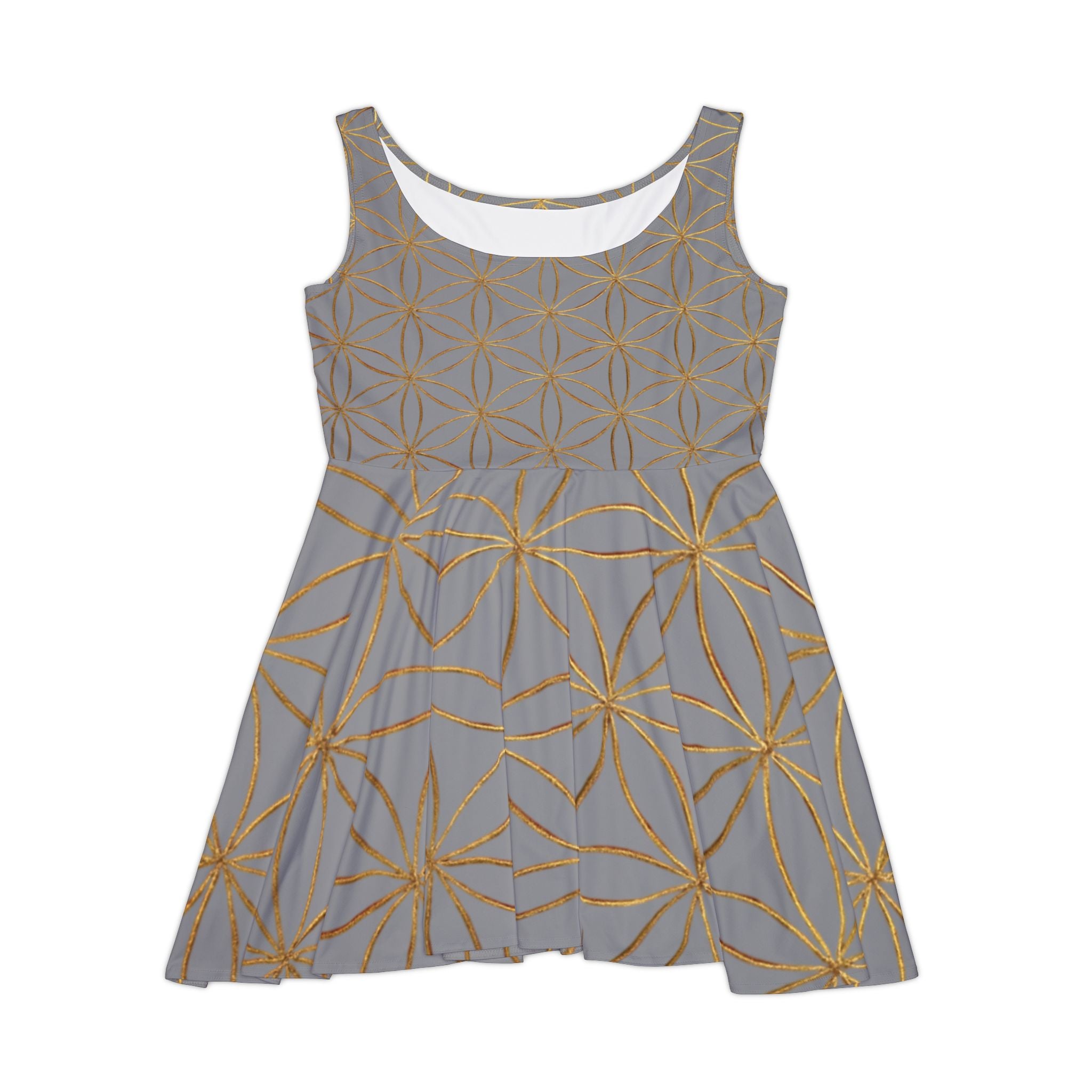 Grey Flower of Life Skater Dress - Women's Floral Gold Print Summer Dress