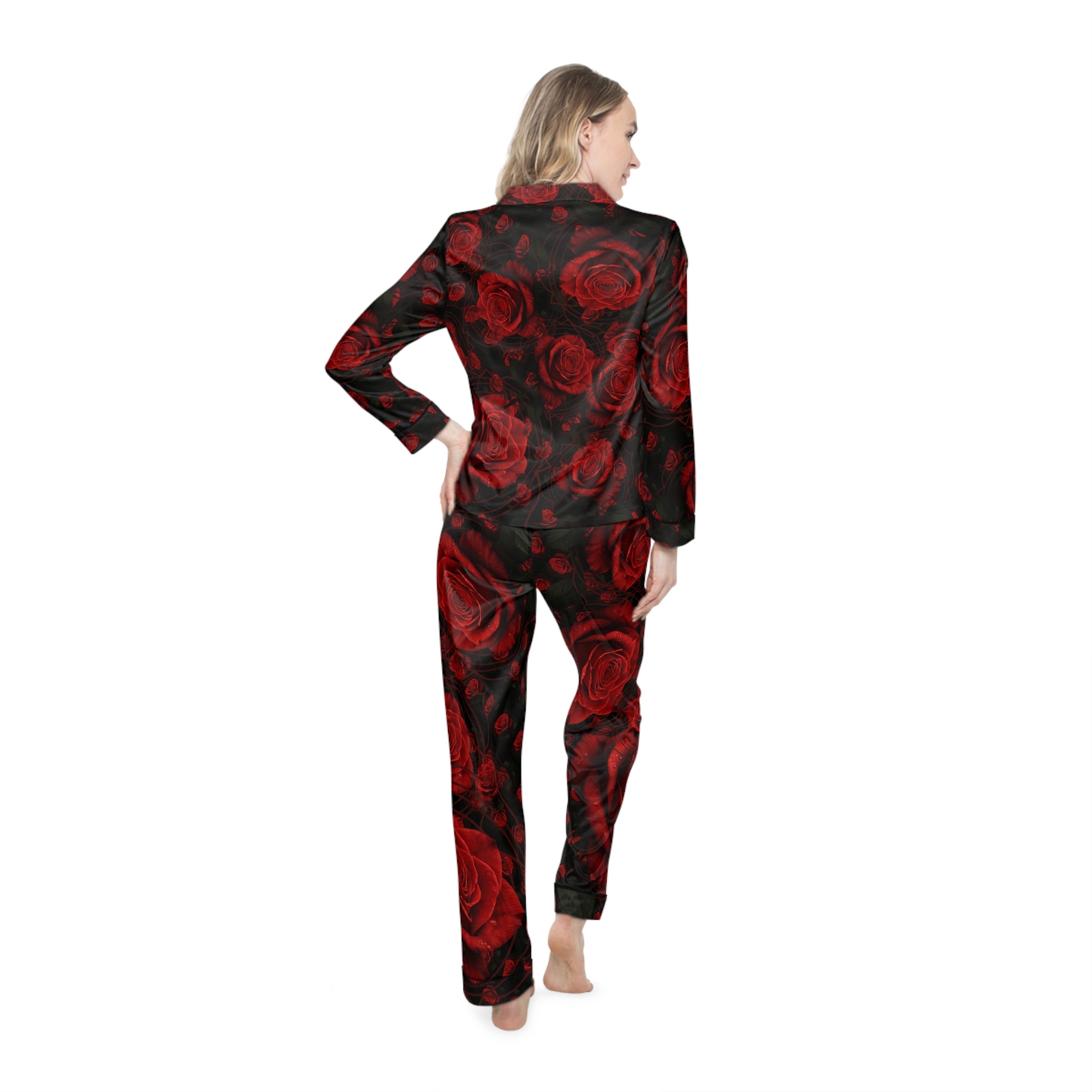 Red Root Chakra Floral Satin Pajamas Set - Luxurious Women's Sleepwear Gift