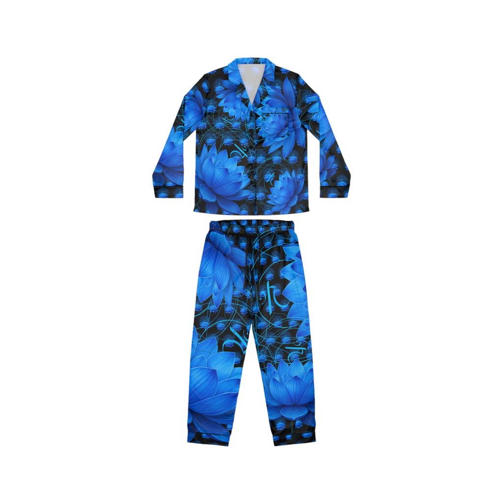 Throat Chakra Blossom Blue Satin Pajamas Set - Luxurious Women's Sleepwear