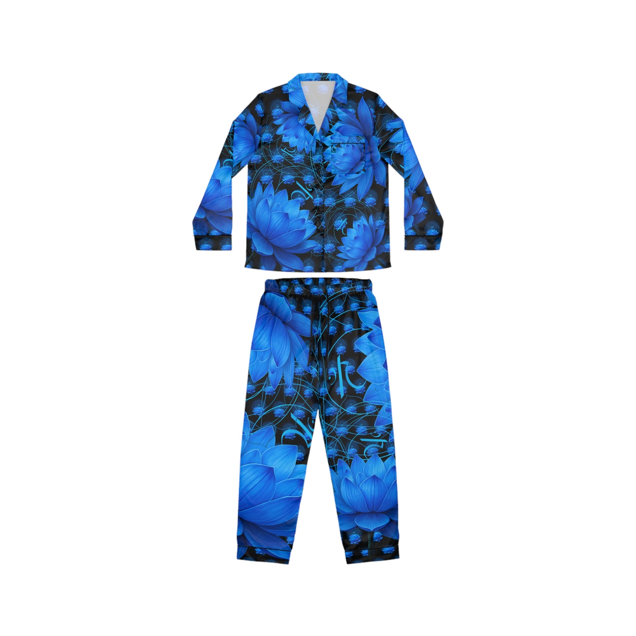 Throat Chakra Blossom Blue Satin Pajamas Set - Luxurious Women's Sleepwear