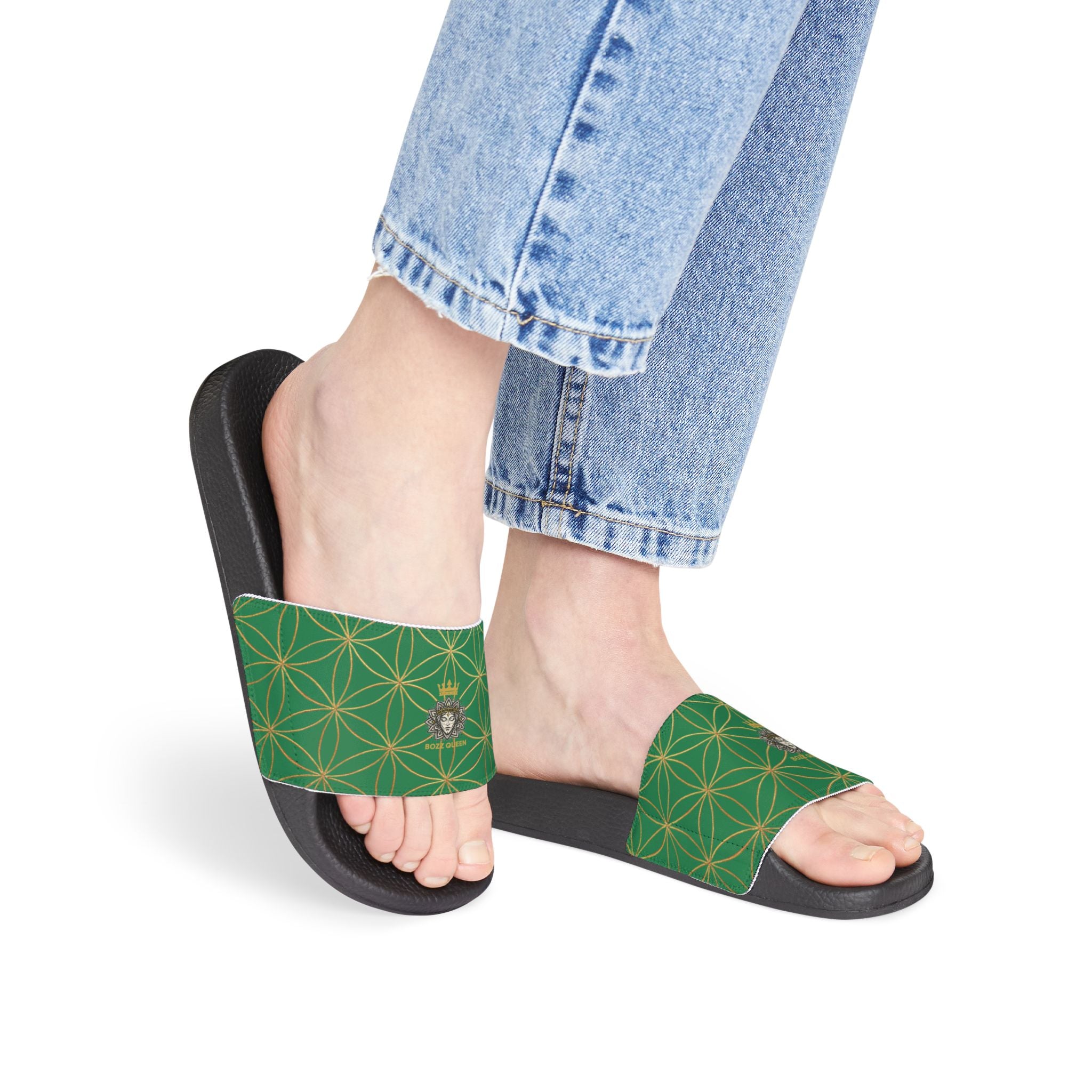 Bozz Queen Dark Green Flower of Life Women's Sandals - Removable Strap Beach Slides