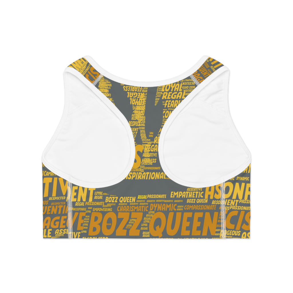 Empowered Words Sports Bra - Bozz Queen Origin Collection | Dark Grey & Yellow
