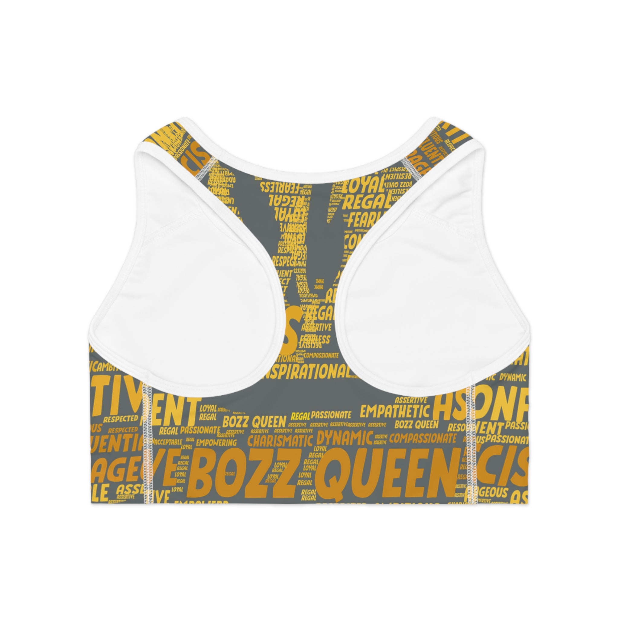 Empowered Words Sports Bra - Bozz Queen Origin Collection | Dark Grey & Yellow