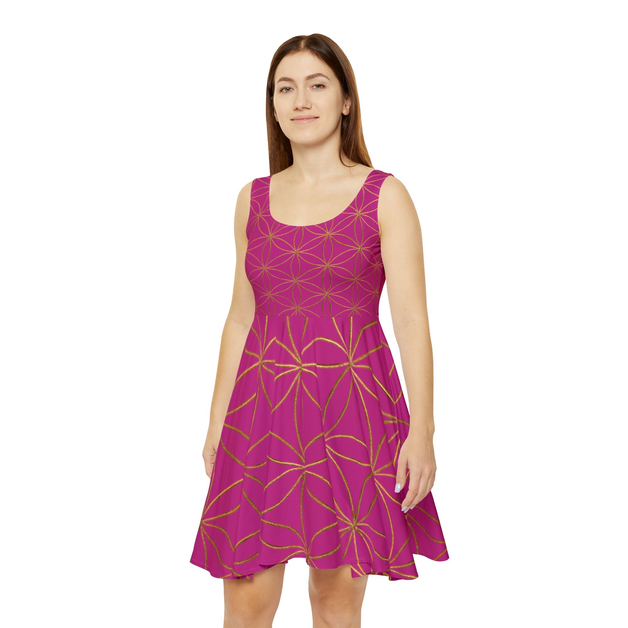 Pink Flower of Life Skater Dress - Women's Floral Gold Print Summer Dress