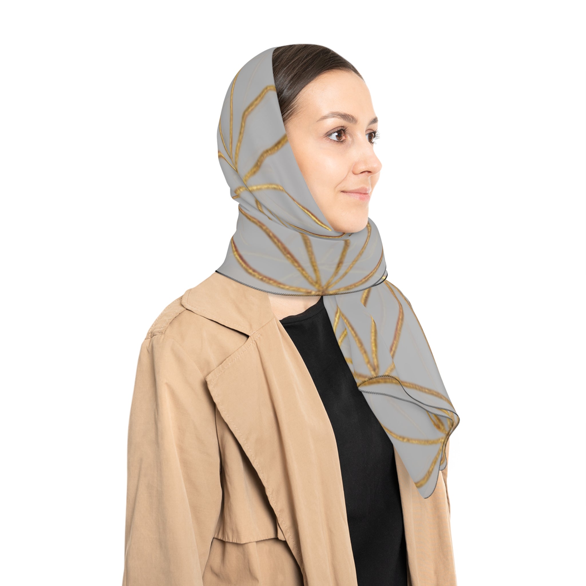 Bozz Queen Flower of Life Scarf - Light Grey & Gold Elegant Lightweight Poly Scarf