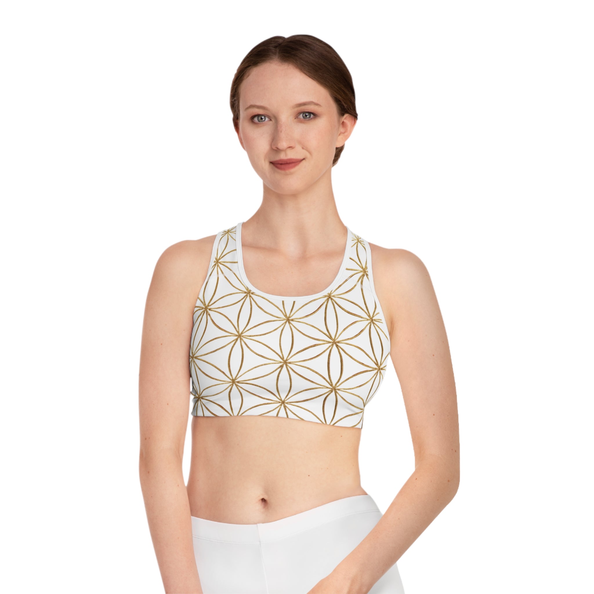 Bozz Queen White & Gold Flower of Life Sports Bra - Yoga Workout Top