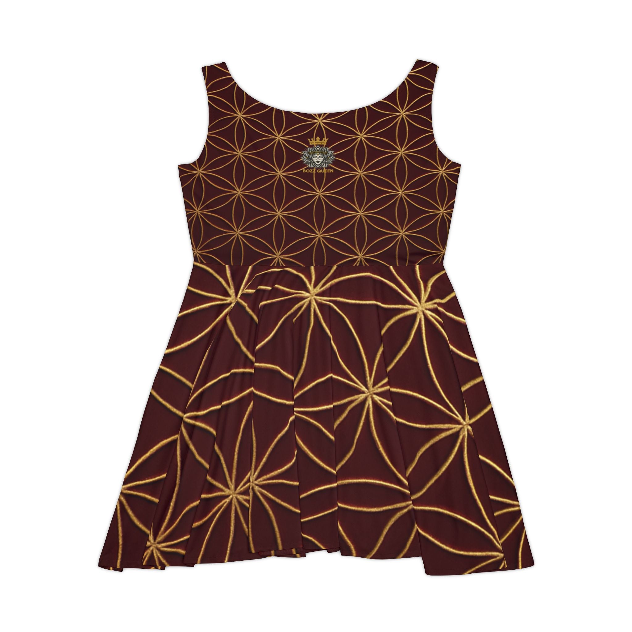 Burgundy Gold Flower of Life Skater Dress - Women's Stylish Party & Casual Dress