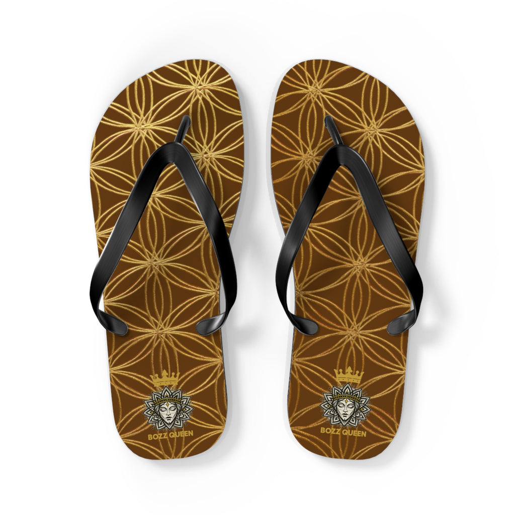 Bozz Queen Brown & Gold Flower of Life Flip Flops - Elegant Beach Sandals