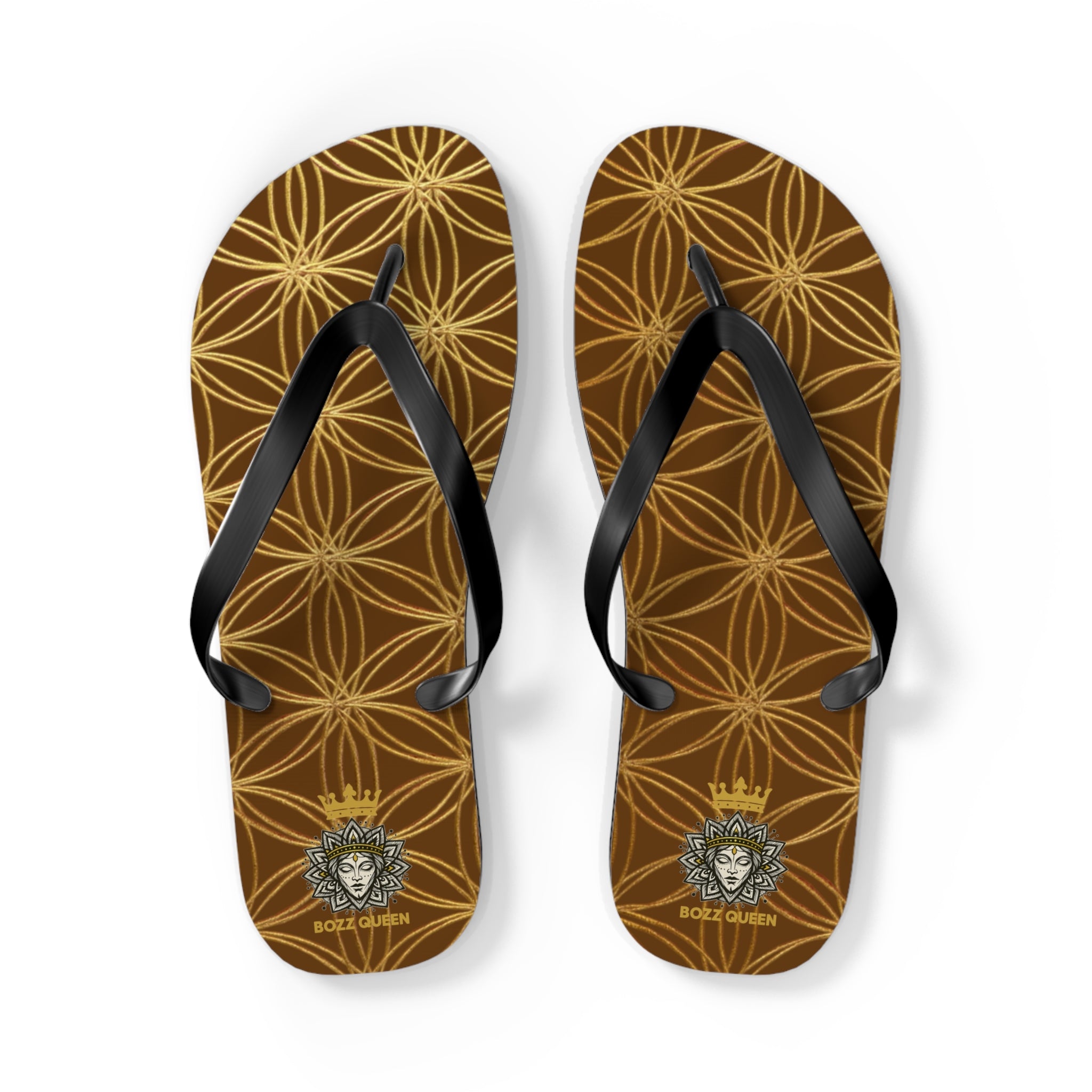Bozz Queen Brown & Gold Flower of Life Flip Flops - Elegant Beach Sandals