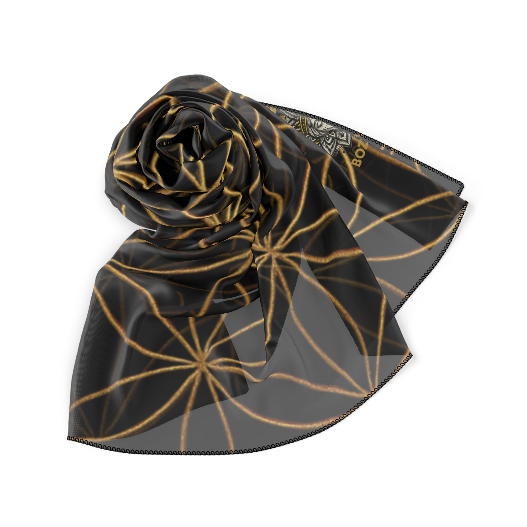 Bozz Queen Flower of Life Scarf - Black & Gold Elegant Lightweight Poly Scarf