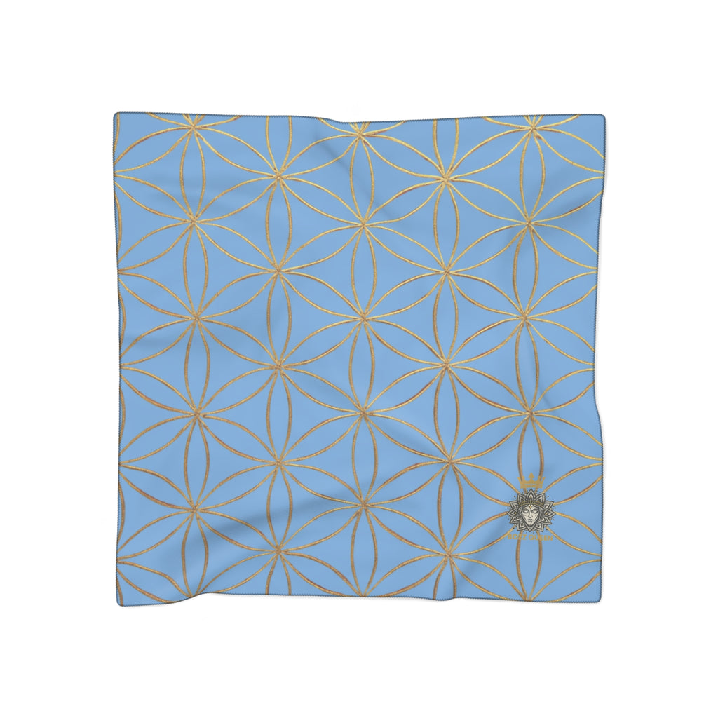 Bozz Queen Flower of Life Scarf - Light Blue & Gold Elegant Lightweight Poly Scarf