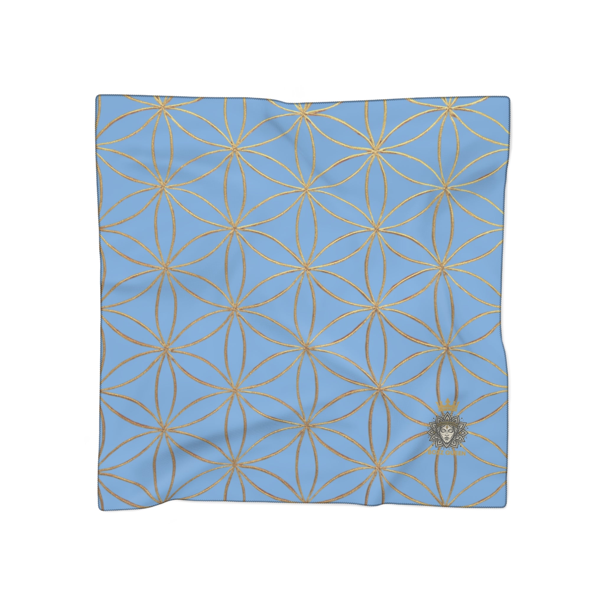 Bozz Queen Flower of Life Scarf - Light Blue & Gold Elegant Lightweight Poly Scarf