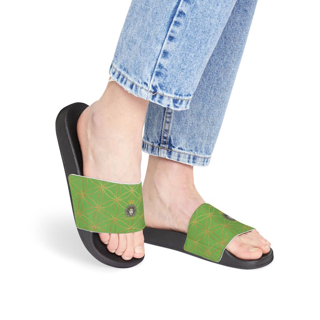 Bozz Queen Green Flower of Life Women's Sandals - Removable Strap Beach Slides