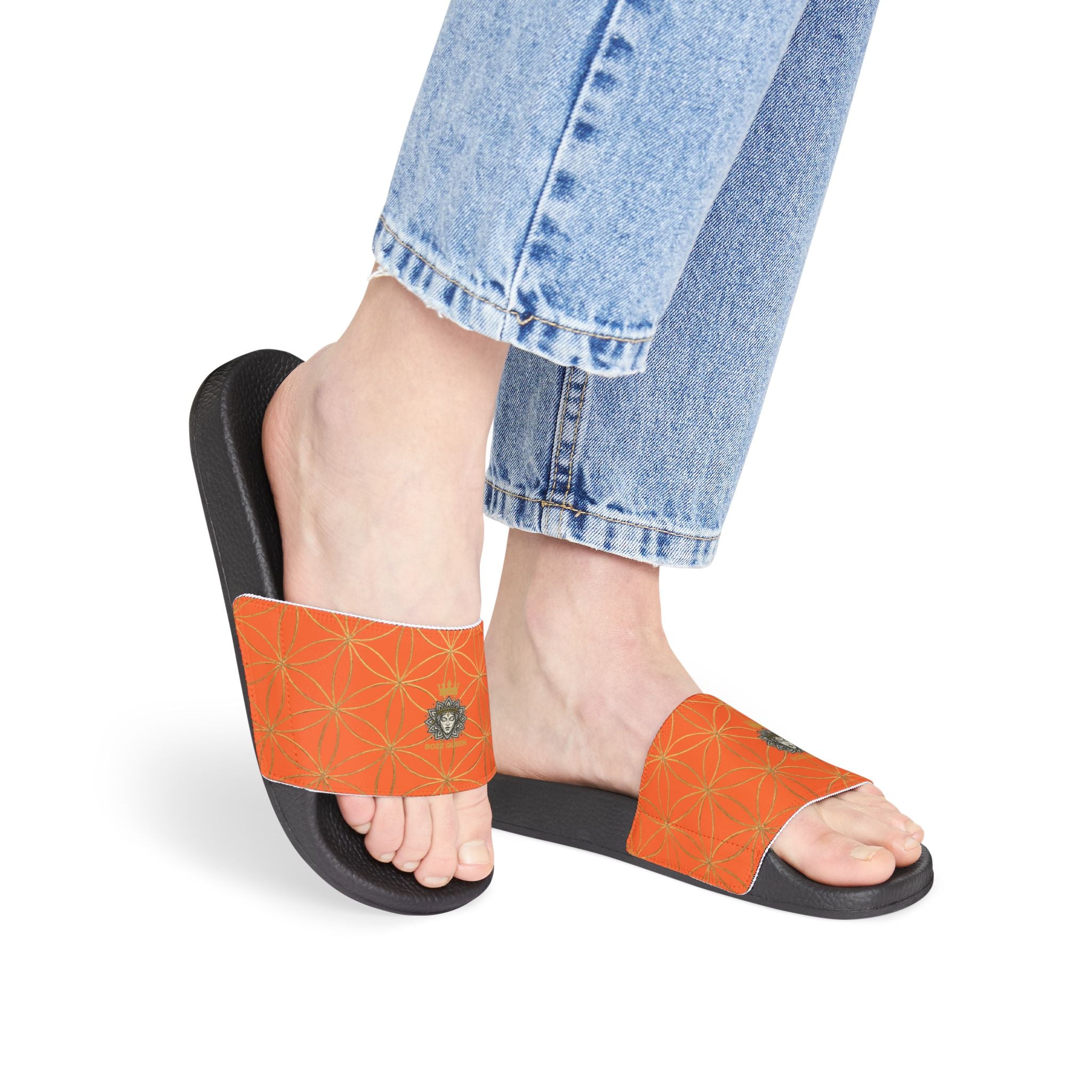 Bozz Queen Orange Flower of Life Women's Sandals - Removable Strap Beach Slides