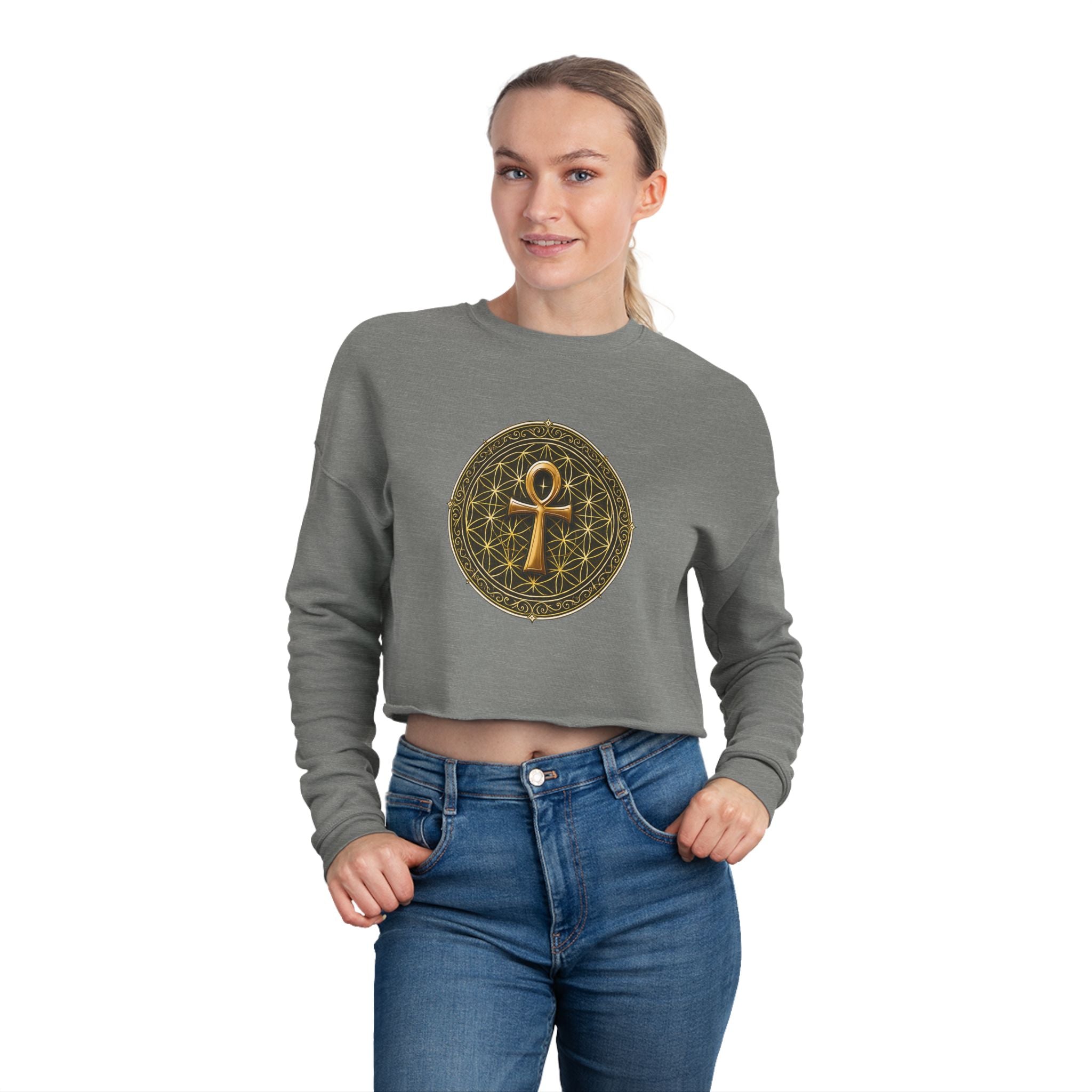 Women's Ankh & Flower of Life Cropped Sweatshirt - Sacred Geometry