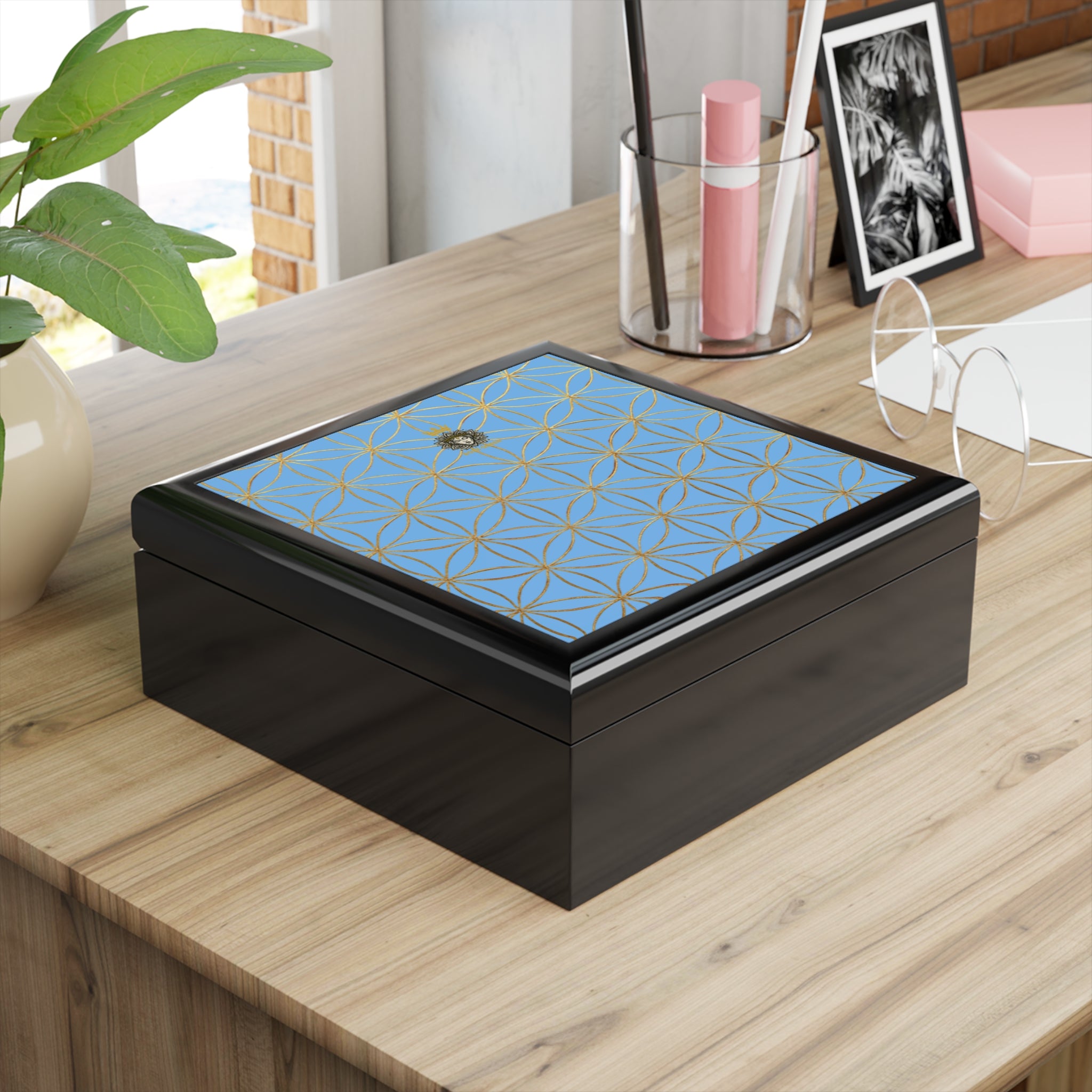 Flower of Life Jewelry Box - Light Blue Purple Elegant Keepsake Organizer