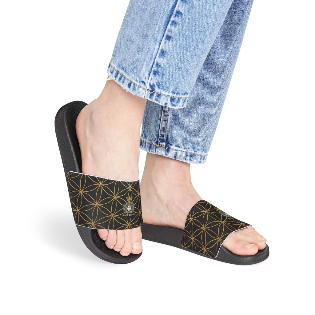 Bozz Queen Black Flower of Life Women's Sandals - Removable Strap Beach Slides