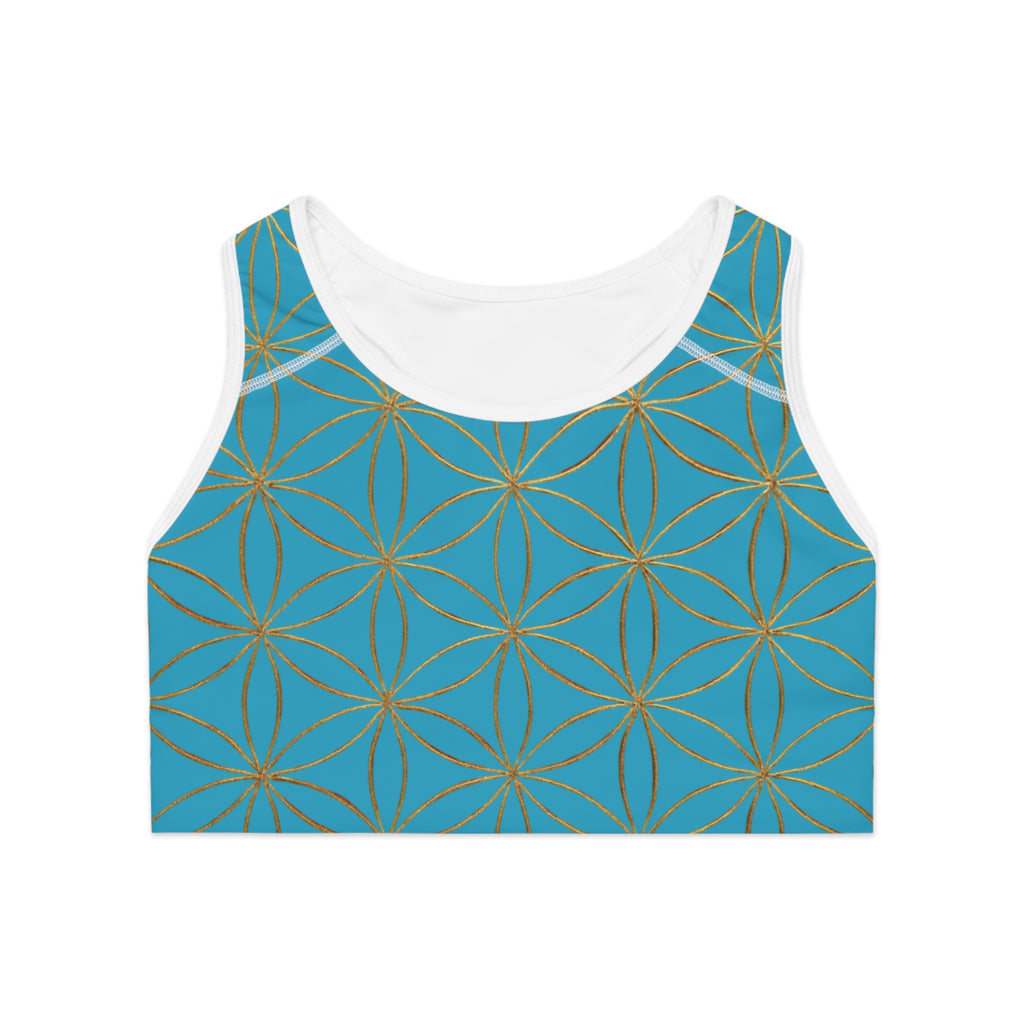 Bozz Queen Turquoise & Gold Flower of Life Sports Bra - Yoga Workout Top