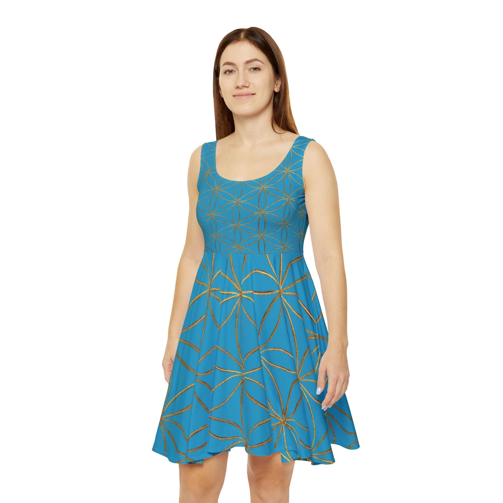 Turquoise Flower of Life Skater Dress - Women's Floral Gold Print Summer Dress