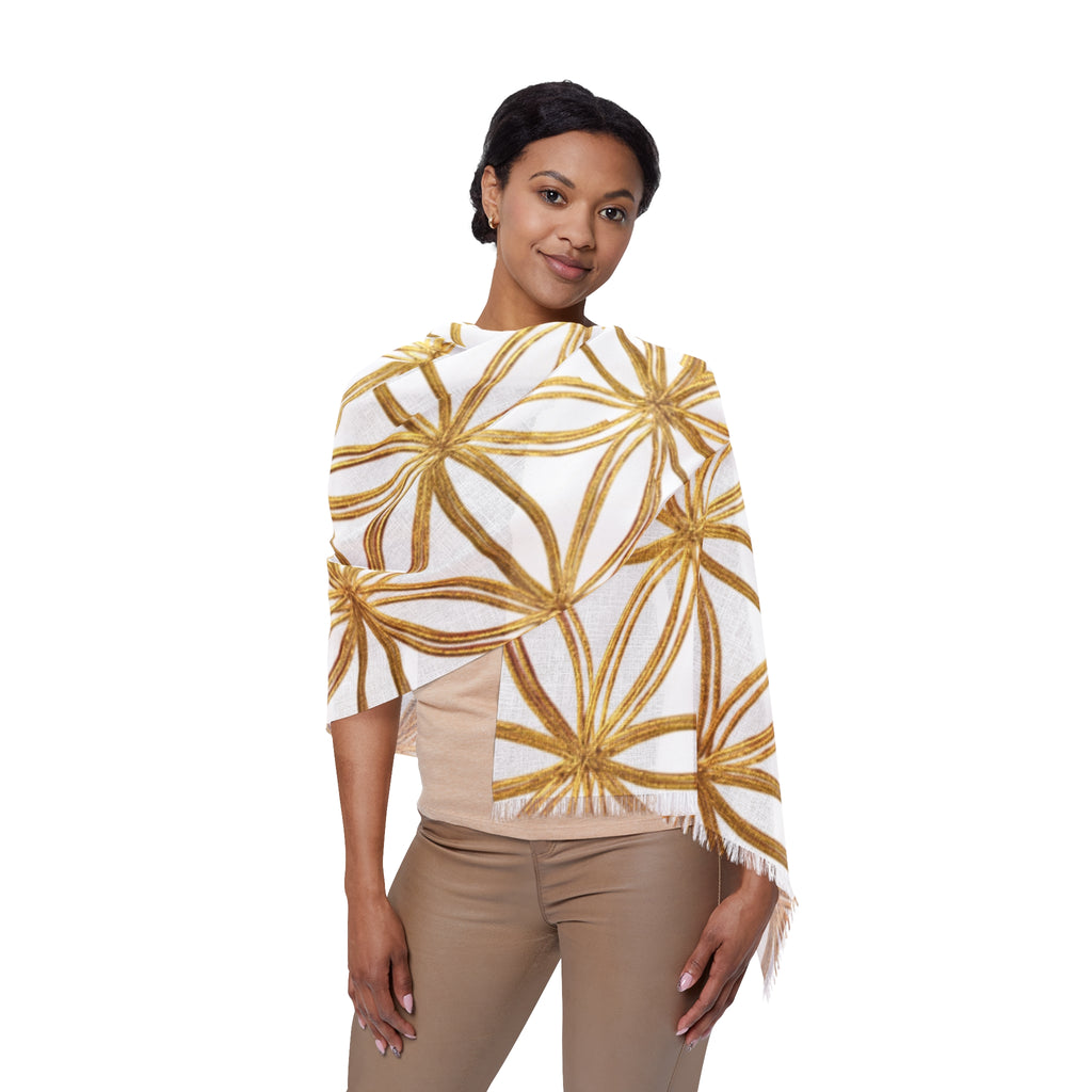 Bozz Queen Flower of Life Scarf - White & Gold Elegant Lightweight Poly Scarf