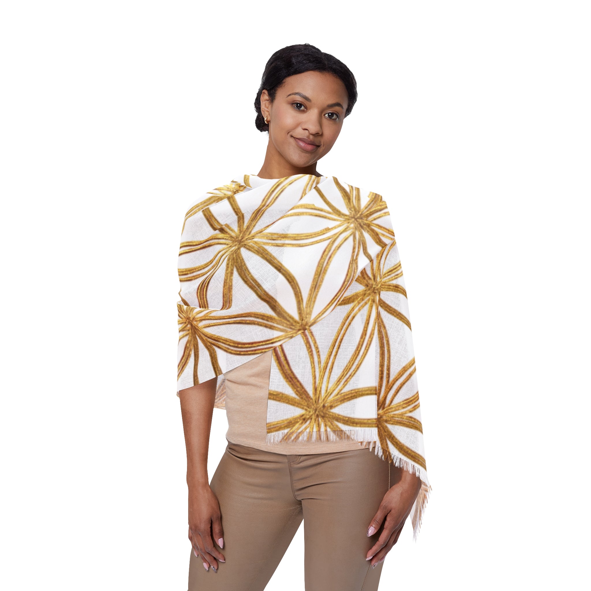 Bozz Queen Flower of Life Scarf - White & Gold Elegant Lightweight Poly Scarf