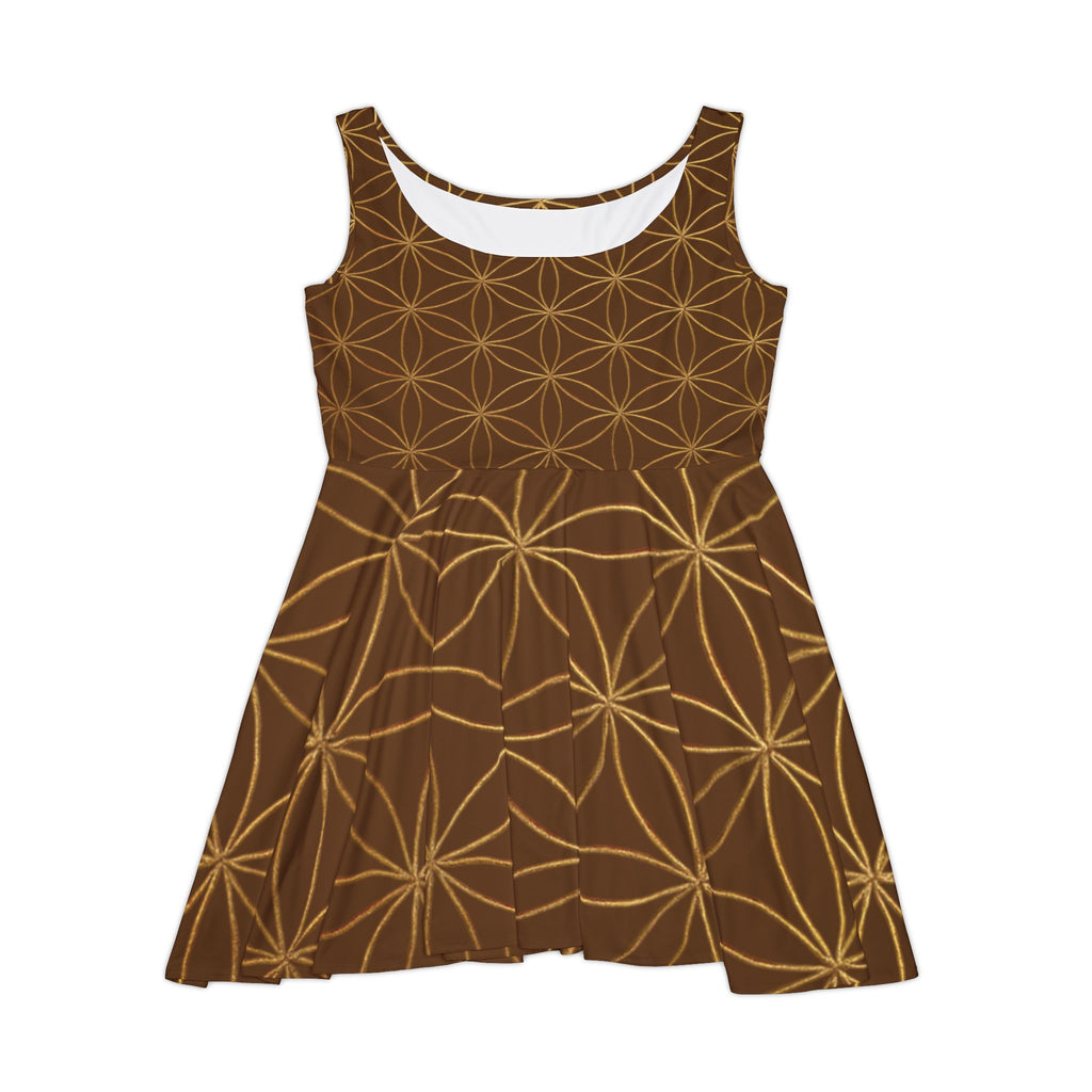Brown Flower of Life Skater Dress - Women's Floral Gold Print Summer Dress