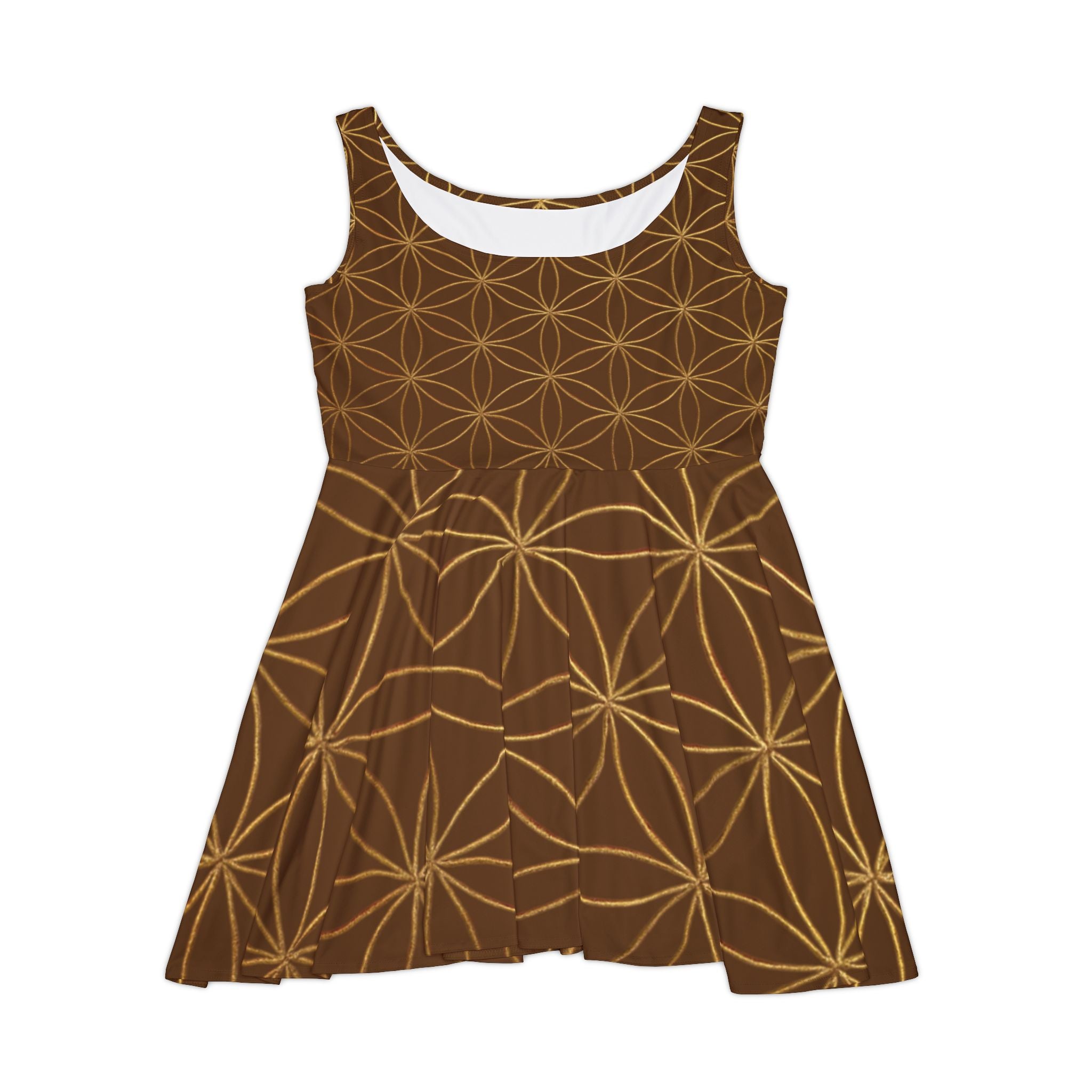 Brown Flower of Life Skater Dress - Women's Floral Gold Print Summer Dress