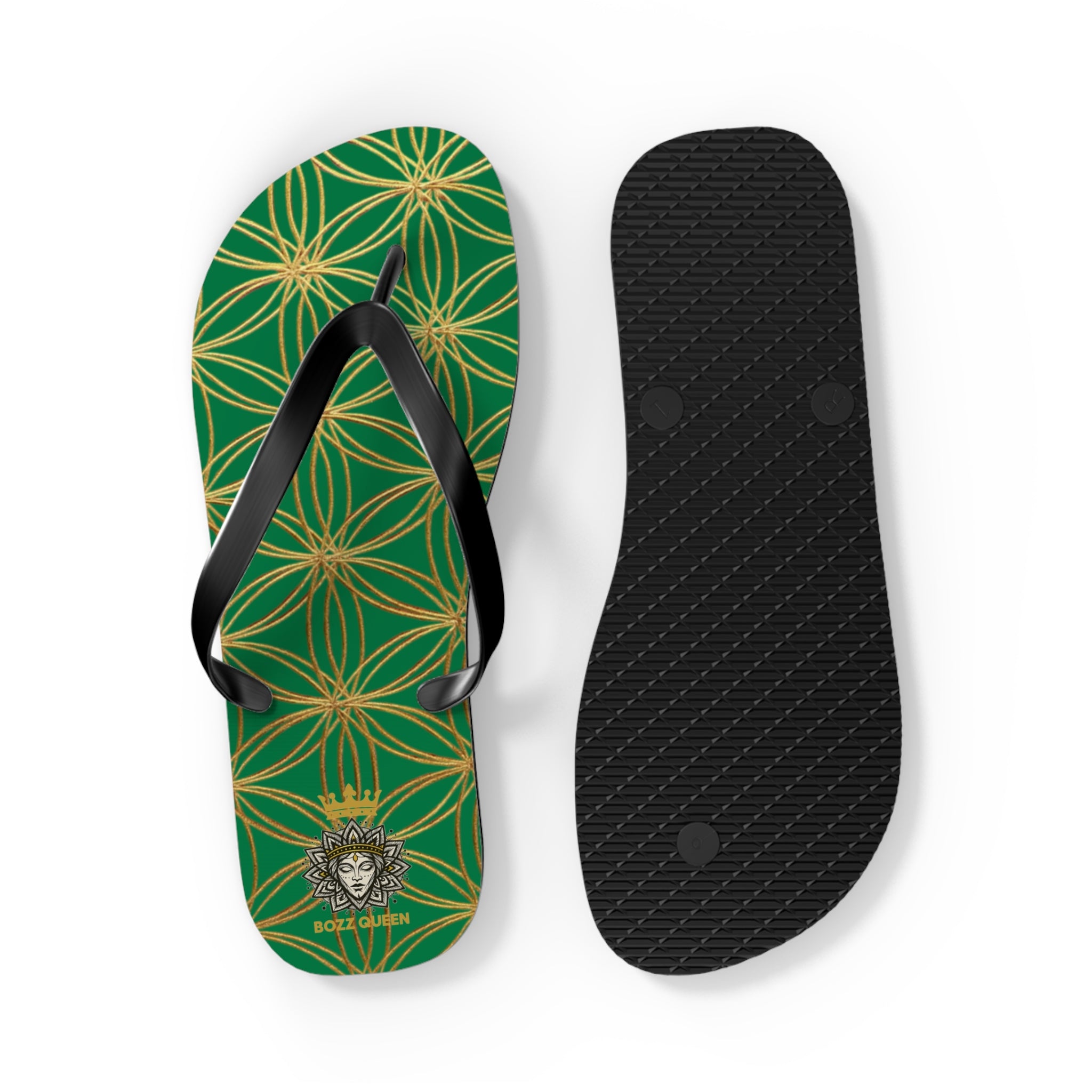 Bozz Queen Dark Green & Gold Flower of Life Flip Flops - Elegant Beach Sandals