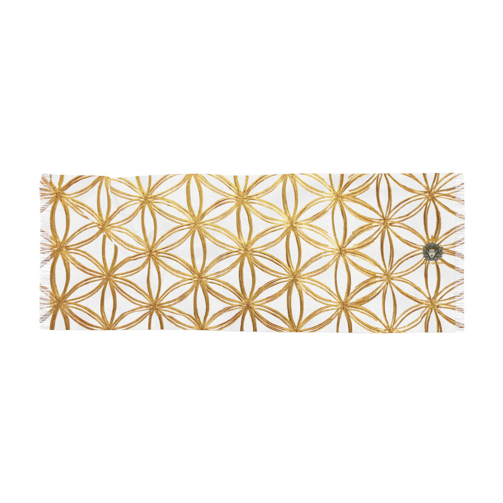 Bozz Queen Flower of Life Scarf - White & Gold Elegant Lightweight Poly Scarf